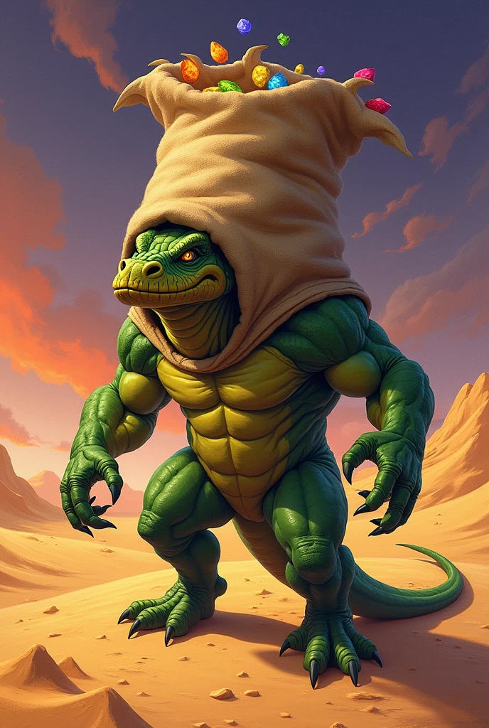 Draw me a renekton with a big sack stuck in his head