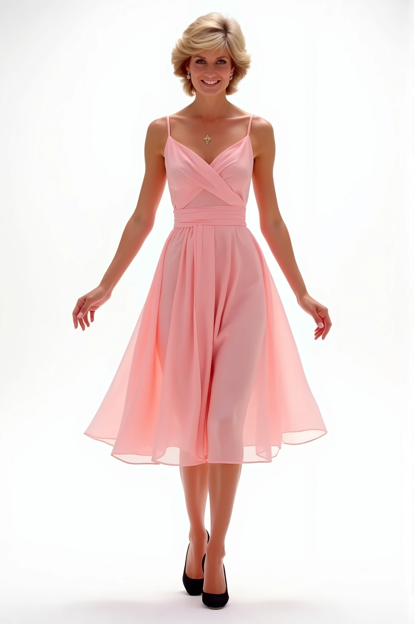 Hyperrealistic HD image of the real face of Princess Diana of Wales, The image of Britain's Princess Diana standing, her full-body shot, her feet wide open facing the front, her hands wide open as if welcoming. Pink dress, black shoes, and background are all white, photorealism, high definition, high definition, high definition, high quality
