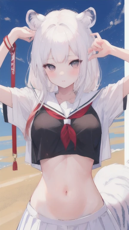 (best quality, masterpiece), 1 girl, centaur, I beg, White skin, Japanese schoolgirl, daughter, black pink, exposing the abdomen, belly button t-shirt , beautiful girl perfect, White tiger photo, 완벽한  White tiger photo
