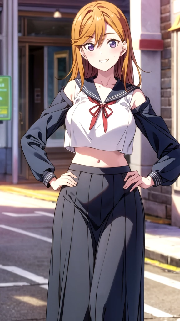 beauty　smile　Embarrassing　blush　Big Breasts　Underboob　Black Sailor Suit　Long skirt　belly button　stand　Proudly　Hands on hips　Underarm　In town