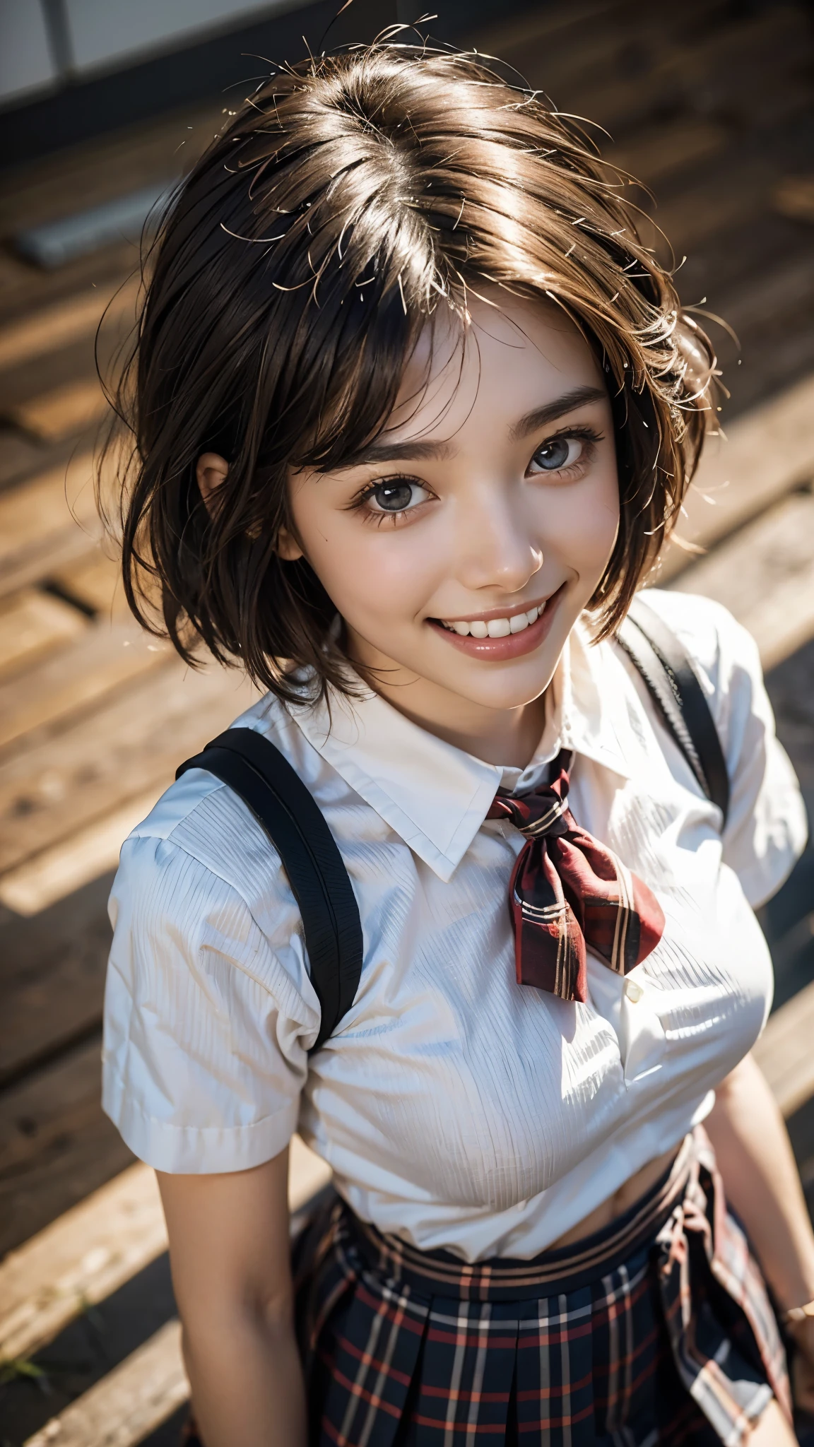 Highest quality, masterpiece, Ultra-high resolution,8k,((Toothy smile portrait:1.4)), (Realistic:1.6), ((Sparkling eyes)),((A radiant smile)), RAW Photos,((High School Simple Uniform,tie)),((Red checked pleated skirt)),((Soft looking breasts)),((Full body photo)),1 person,Slim 22 year old adult female,(Full of smiles, )) ,((Short bangs,Straight Bob Cut)),((Ribbon in hair)),((Looking up at the audience)),Face Focus:1.4,((Shot from above:1.15)),