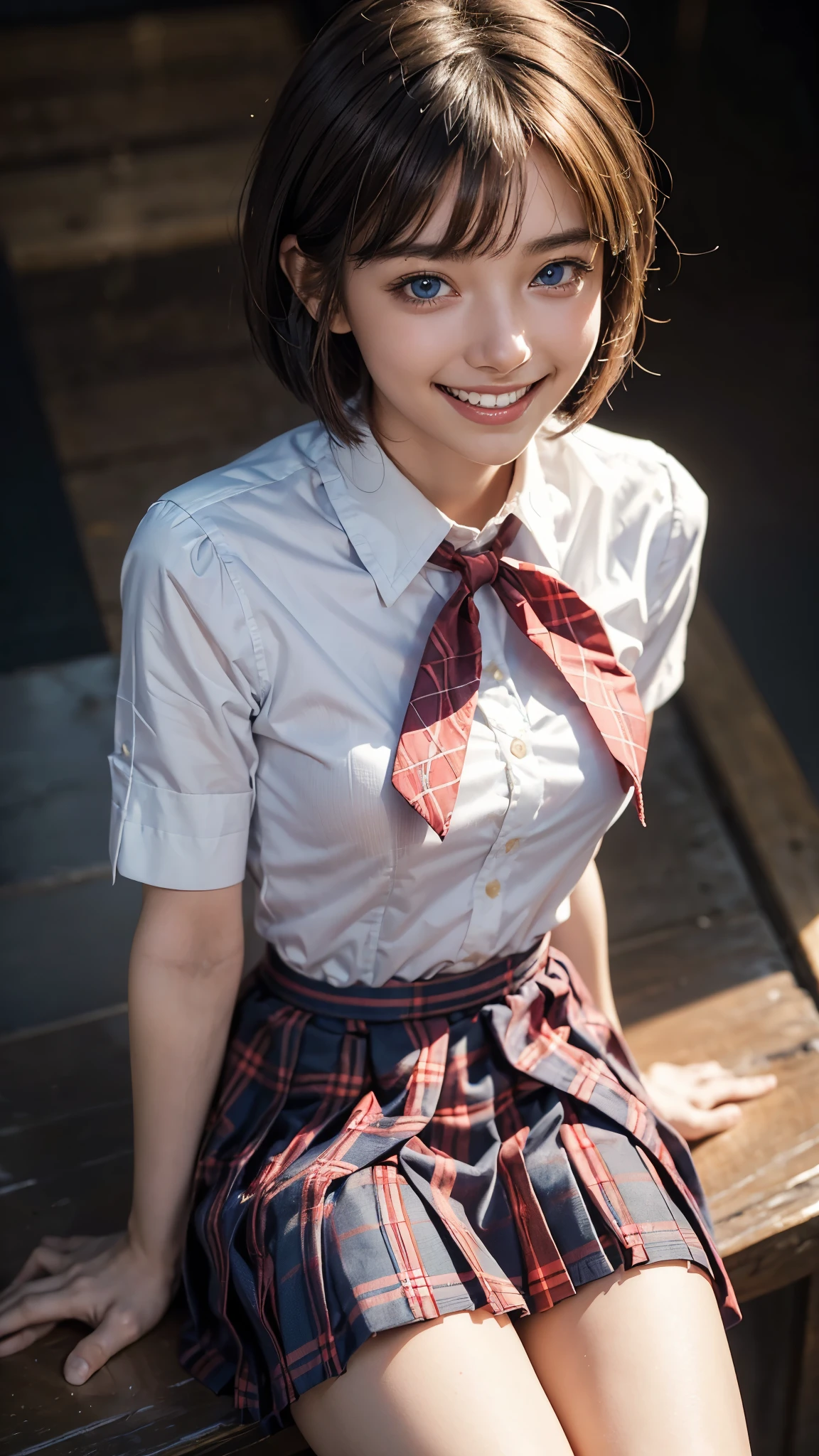 Highest quality, masterpiece, Ultra-high resolution,8k,((Toothy smile portrait:1.4)), (Realistic:1.6), ((Blue Eye)),((A radiant smile)), RAW Photos,((High school uniform,tie)),((Red checked pleated skirt)),((Soft looking breasts)),((Full body photo)),1 person,Slim 22 year old adult female,(Full of smiles, )) ,((Short bangs,Straight Bob Cut)),((Ribbon in hair)),((Looking up at the audience)),Face Focus:1.4,((Shot from above:1.15)),