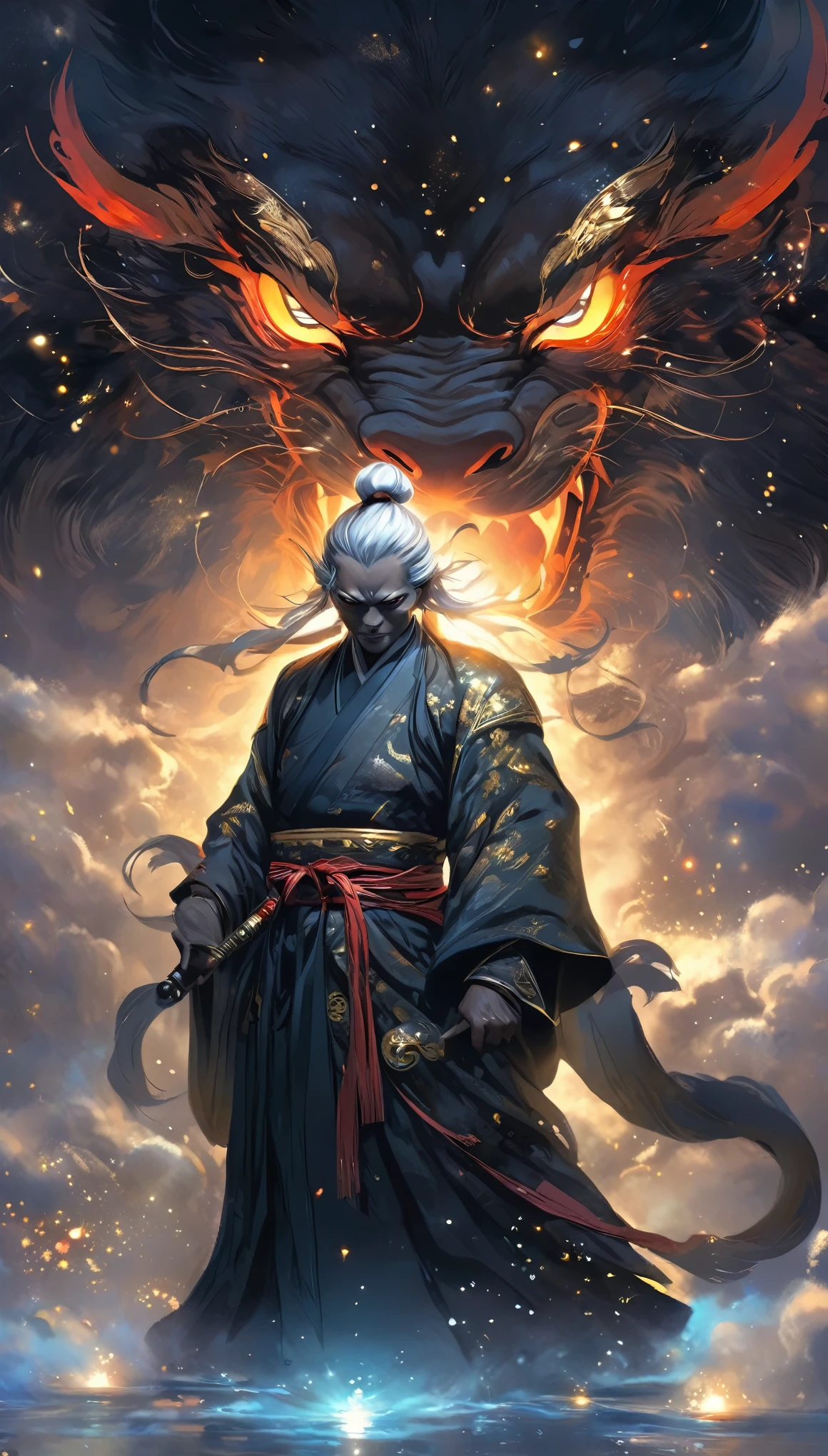 Blindfolded man,fansty world,coliseum background,Clean design,Epic Instagram,artstation,,contours,Hyper-detailed intricate details,unreal-engine,fanciful,Complicated details,splash image,complementary colours,fantasy concept art,8K分辨率,A masterpiece of deviantart,oil painted,Heavy strokes,paint drips,,Rainbow skins,(((A handsome young))), ((teenage:1.5)), (Glowing red eyes), ((Eyes have light)),((((Short gray hair:1.1))), ((black-clad)), (prinz\\(Indifferent expression\\),, (((Wear a luxurious dragon robe with high details))), A head of white hair,(chest muscle)(There is a red flame tattoo on the neck) --auto --v 6