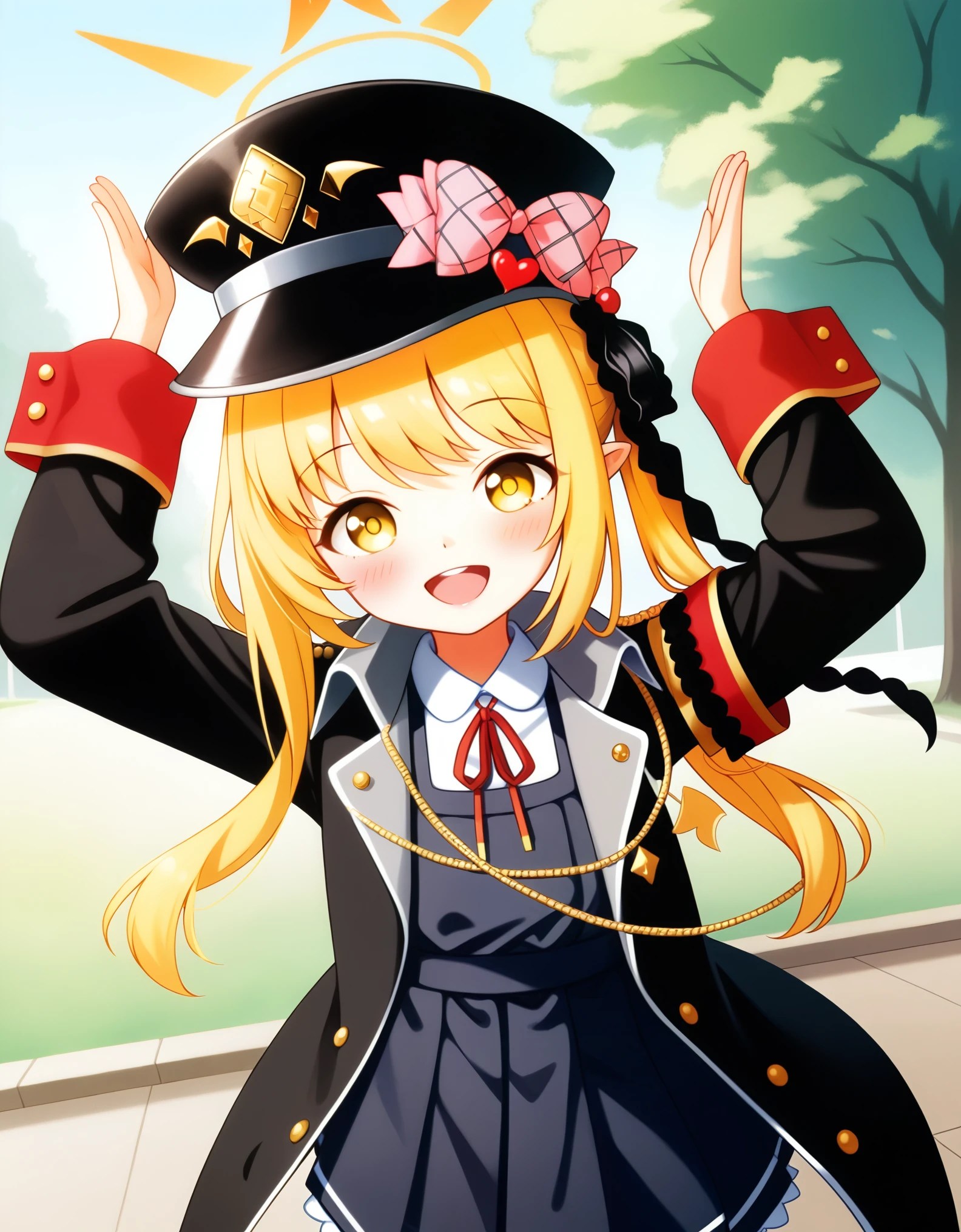 best quality, masterpiece, highres, solo, ibuki,tanga ibuki, ibuki blue archive, 1girl, black coat, collared shirt, long sleeves, looking at viewer, open coat, open mouth, smile, pinafore dress, white shirt, sleeves past fingers, blush, hat bow, black dress, pink bow, red armband, oversized clothes, standing, outdoor, park