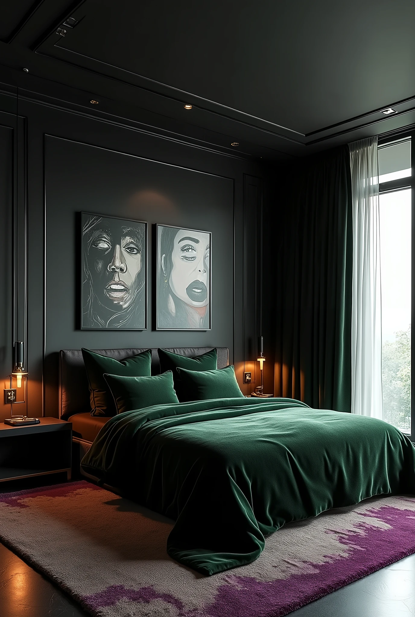 create a nice, black huge bedroom with beautiful colors matt black, edel,rich but beautiful simple modern in any case