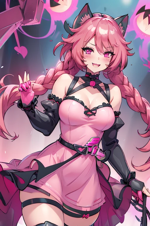 female, pink short messy hair, red eyes, black cat ears, pink cat tail, (((1girl))), (((black and pink minidress))), (pink belt), (black fingerless gloves), (black thigh high boots), (rose tinted glasses), cute and sexy, full body, big breasts, long legs, smiling