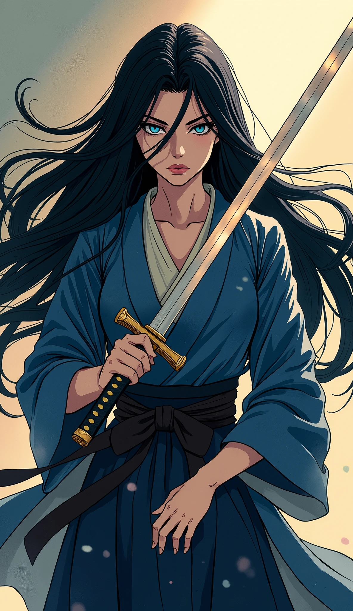 a Japanese comic art of a female samurai, holding a katana in a salute, the Katana glistens in the sun, ready for battle, half of the face are shaded, black hair, long hair, carried in the wind, blue piercing eyes, pale skin, Ultra-high resolution, High Contrast, (masterpiece:1.5), highest quality, Best aesthetics), best details, best quality, highres, 16k, (ultra detailed: 1.5), masterpiece, best quality, (extremely detailed) RAW, (ultra details, Masterpiece, best quality),