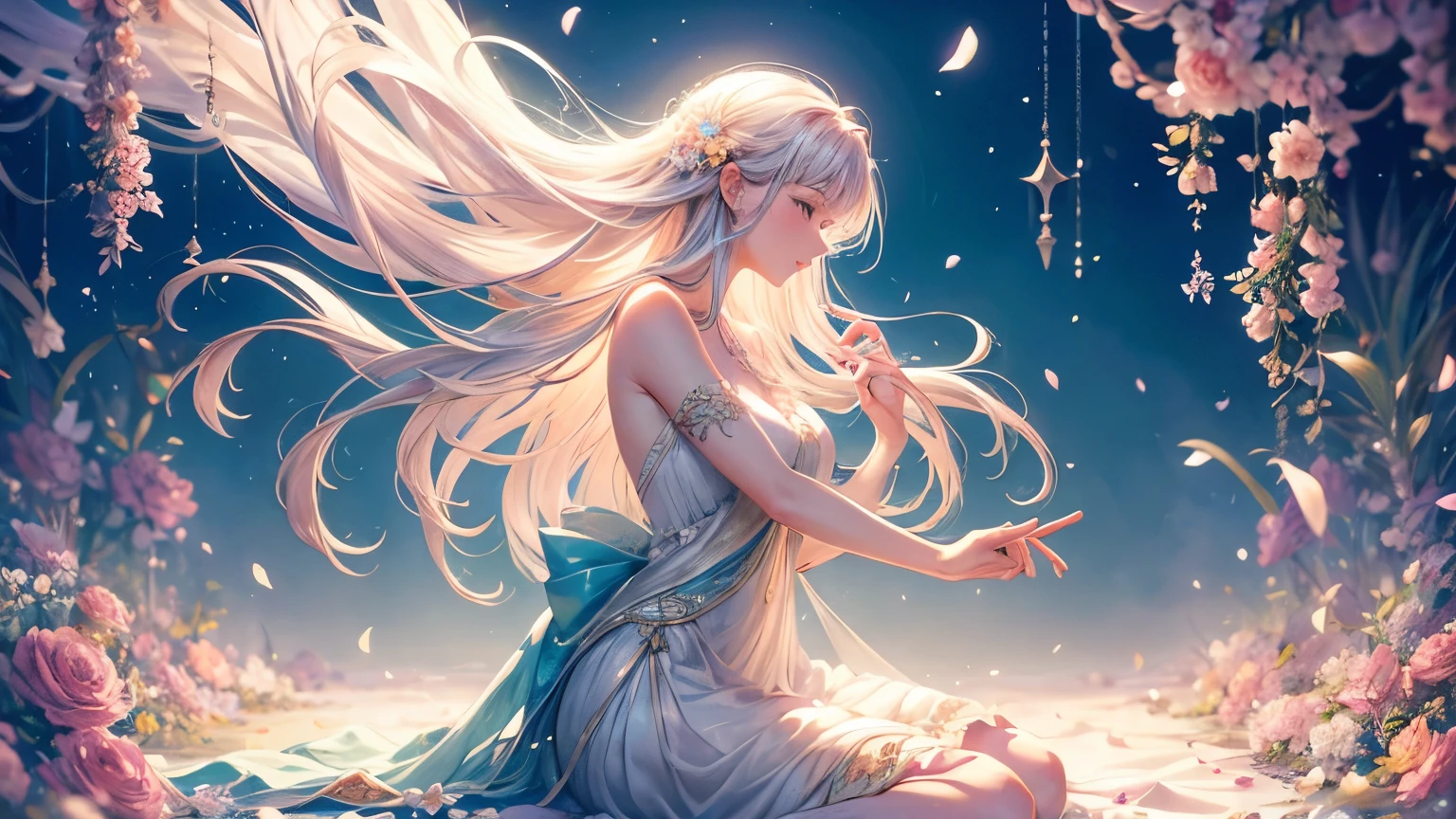 soft lighting, dreamy atmosphere, ethereal aesthetic, fantasy theme, nature elements, floral background, delicate details, flowing hair, whimsical pose, vibrant colors, flower petal falling, sitting