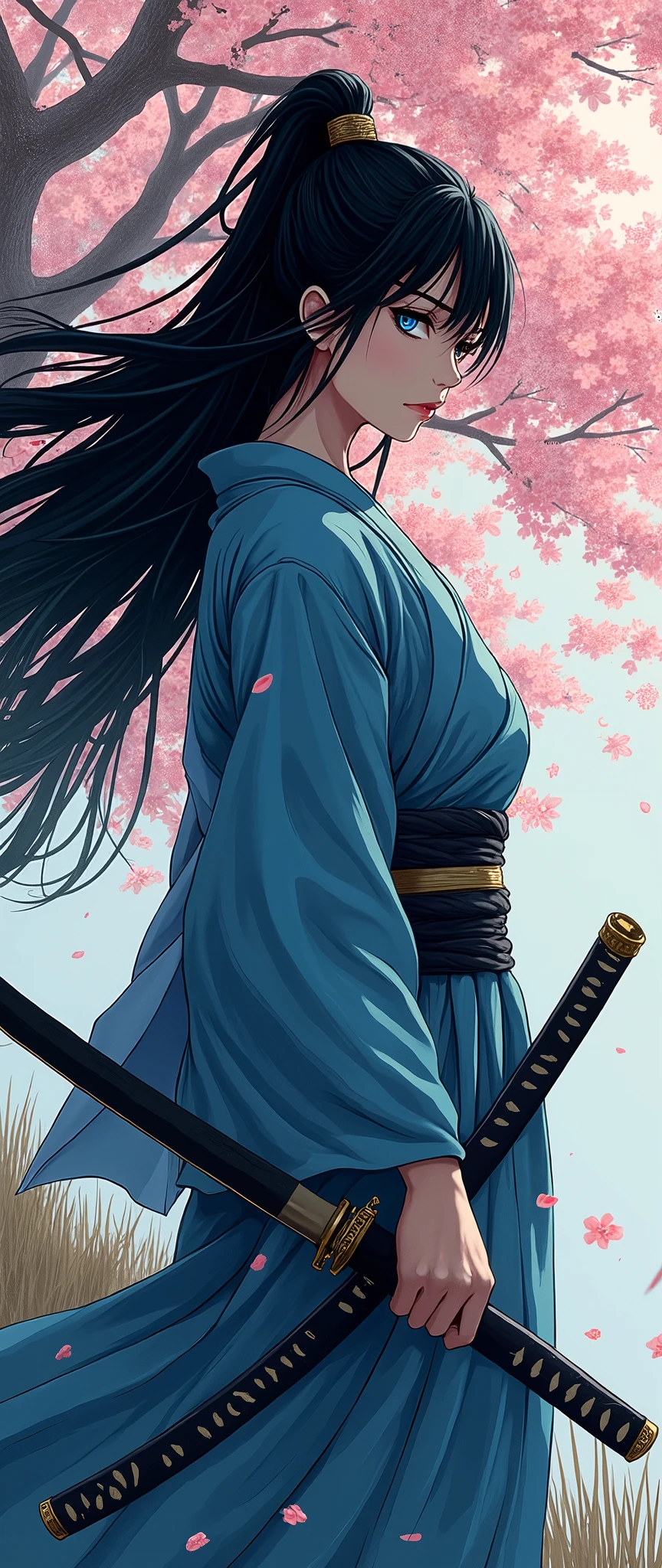 a Japanese comic art of a female samurai, holding a katana in a salute, half of the face are shaded, black hair, long hair, carried in the wind, blue piercing eyes, pale skin, Ultra-high resolution, High Contrast, (masterpiece:1.5), highest quality, Best aesthetics), best details, best quality, highres, 16k, (ultra detailed: 1.5), masterpiece, best quality, (extremely detailed) RAW, (ultra details, Masterpiece, best quality),