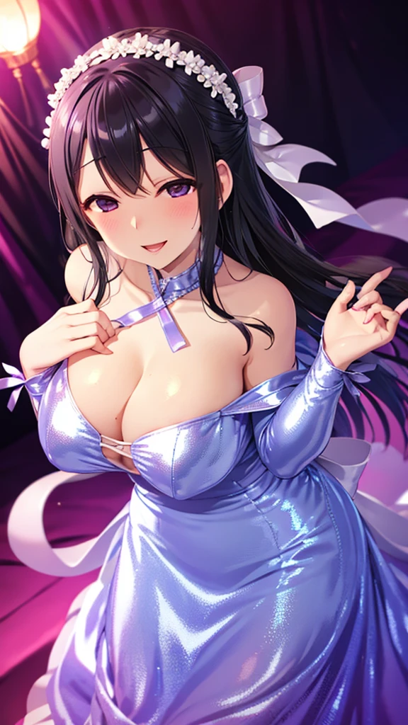 Erotic、Sagasawa Fumika、White headband、Big Breasts、Shiny light blue sequined long dress、Off-shoulder dark pink love hotel、Sexy smile、Lightly open your mouth、Evil female executive、adult、Married Woman、Sexy pose