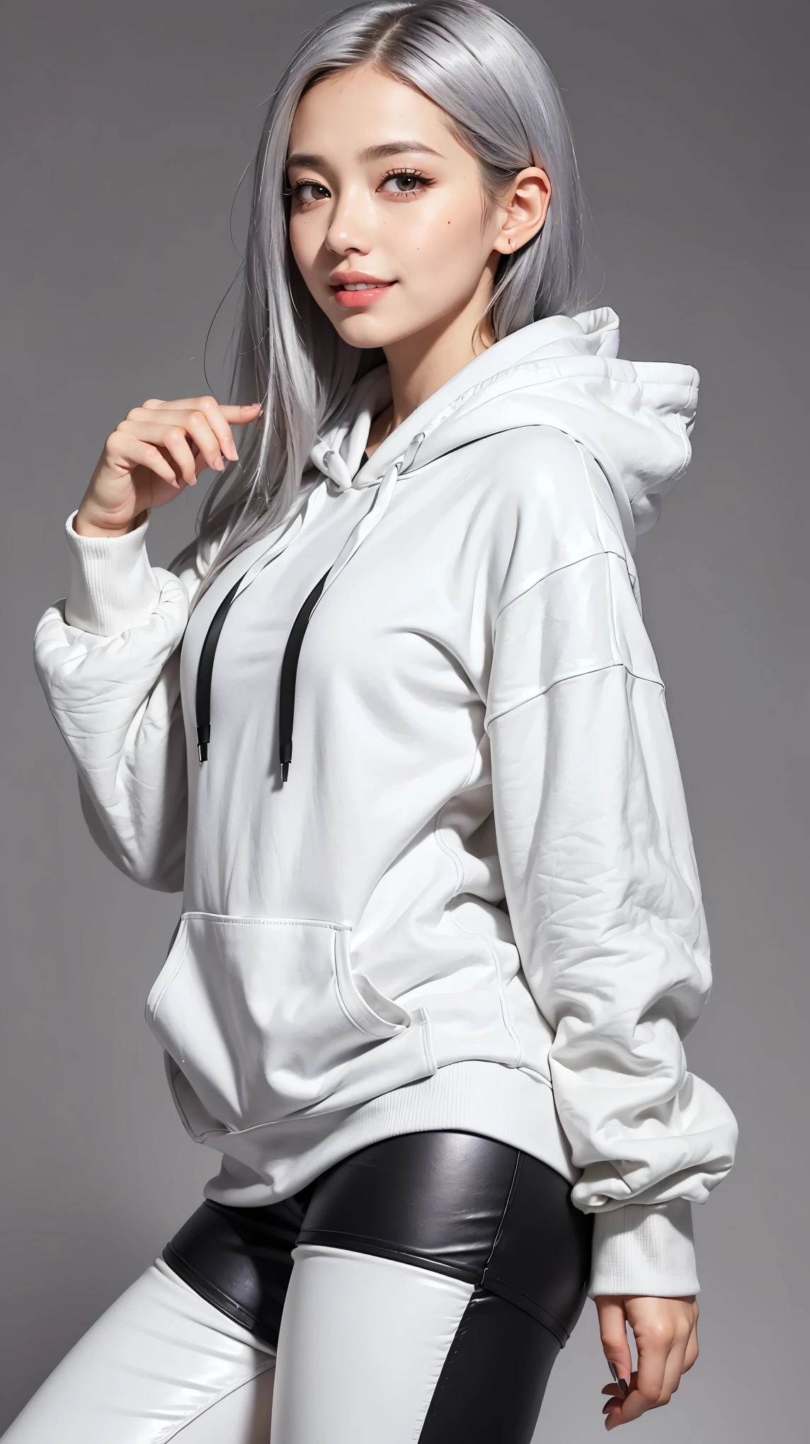 Realistic, masterpiece, Highest quality, Highest Resolution, Anatomically correct, Accurate Anatomy, (Gray blank background:1.3), (1girl:1.3), 22 years old, Height: 168cm, 8 heads, Shot from thigh up, (Thick thighs:1.2), (Long Hair, Straight Hair, Silver Hair:1.3), (Squint your eyes, Sharp Eyes, (Iris:1.2)), (Hidden eyelid wrinkles:1.2), Thin eyebrows, Draw eyelashes carefully, Natural Makeup, Chin up, Grin, profile, (White hoodie, Black Leather Pants:1.3), (Barker&#39;s hood is not on, There are two strings:1.3), (Sitting with legs spread on a simple chair:1.2)