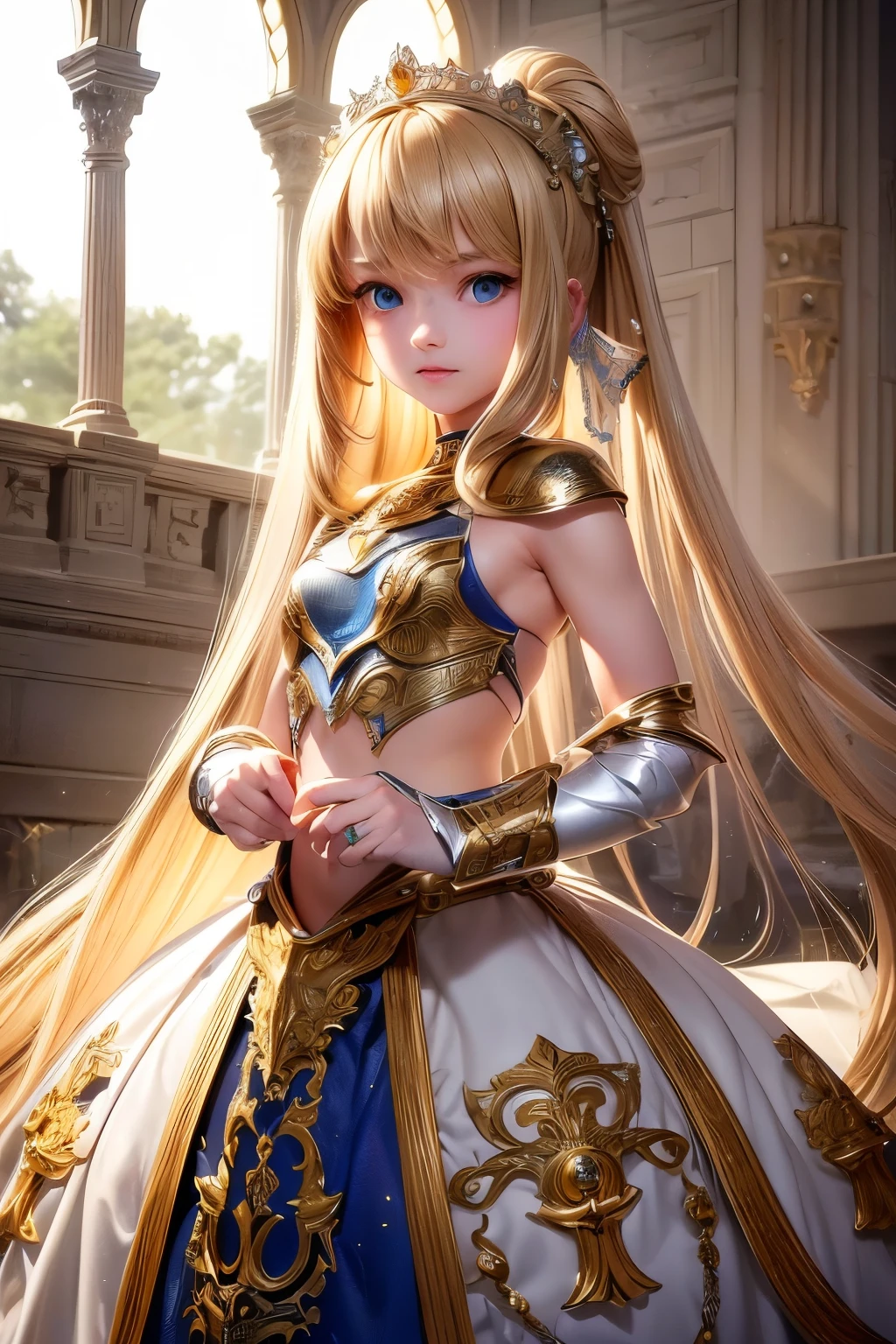 masterpiece,Highest quality,Very detailed,Photorealistic,High Fantasy,Pretty Girl Rider,Beautiful blonde,Silver metallic armor with intricate decorations,gem,Soft lighting, 15 years old girl,Perfect Face,Beautiful and detailed eyes,Big bright eyes,Beautiful Skin,skinny,Small breasts,Dynamic,Dynamic Angles,Outside the massive stone fortress