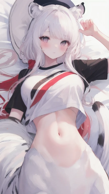 (best quality, masterpiece), 1 girl, centaur, I beg, White skin, Korean schoolgirl,daughter,black pink, exposing the abdomen, belly button t-shirt , , beautiful girl perfect, White tiger photo, 완벽한 White tiger photo