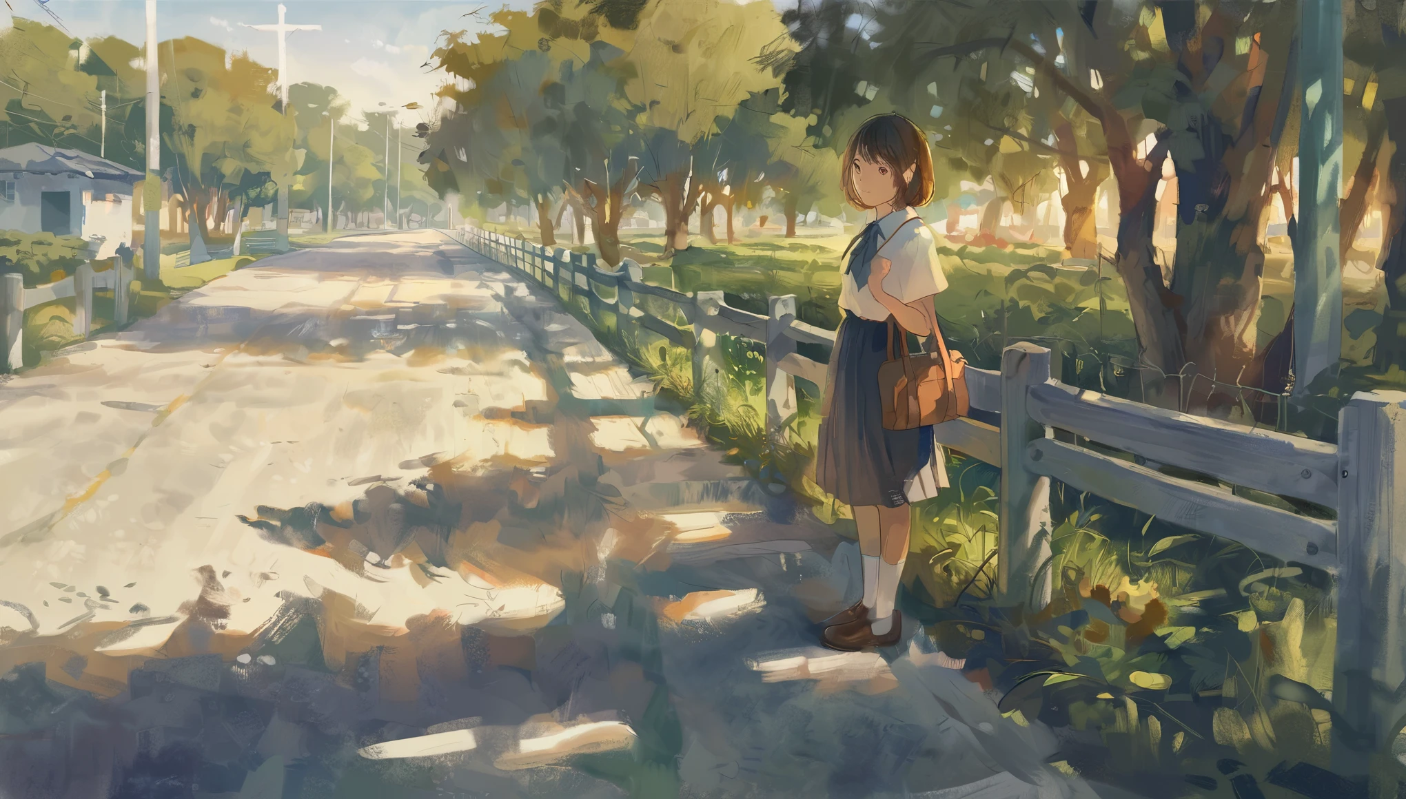 The image portrays a serene outdoor setting, possibly a park or a school grounds. A young girl with short brown hair is standing by a bench, gazing into the distance. She's wearing a white shirt paired with a pleated skirt, and has a black bag slung over her shoulder. She's holding a brown bag in her hands. The sunlight filters through the trees, casting dappled shadows on the ground. The girl's outfit suggests a school uniform. The surrounding environment includes green grass, a fence, trees, and a tree trunk. The entire scene is bathed in a soft, golden light, suggesting it might be either early morning or late afternoon.,masterpiece, best quality,
