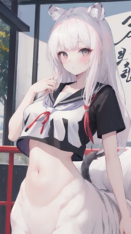 (best quality, masterpiece), 1 girl, centaur, I beg, White skin, Korean girl,daught pink, exposing the abdomen, belly button t-shirt , , beautiful girl perfect, White tiger photo, 완벽한 White tiger photo