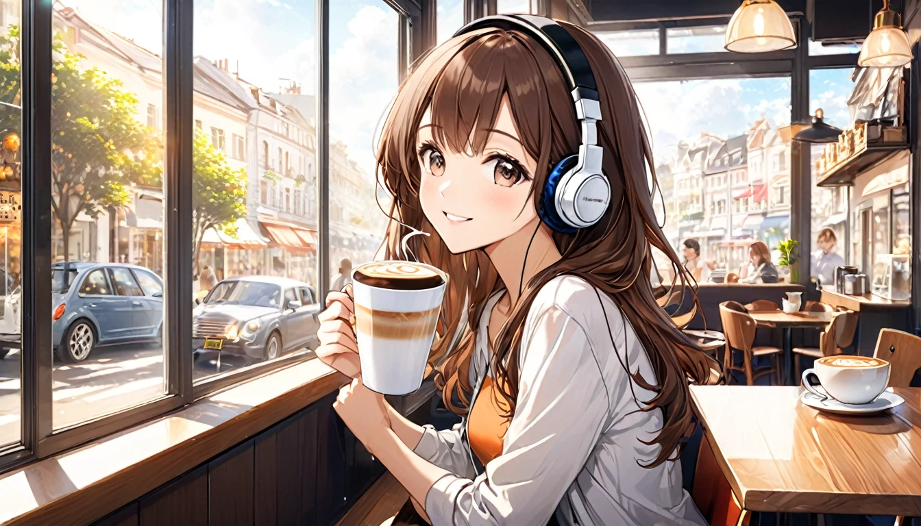 (Brown haired woman wearing headphones), (Enjoying coffee while listening to background music by the window in a cafe), (Very detailed, masterpiece, Highest quality, bright), (Anime Style)
background: A cafe window with natural light streaming in: Gentle smiling costume: Casual one piece pose: Sit in the window seat、Scene with a cup: With pleasant music、Enjoy a moment at the cafe