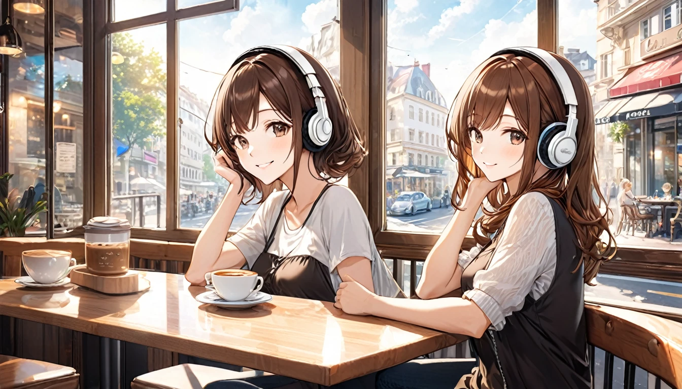(Brown haired woman wearing headphones), (Enjoying coffee while listening to background music by the window in a cafe), (Very detailed, masterpiece, Highest quality, bright), (Anime Style)
background: A cafe window with natural light streaming in: Gentle smiling costume: Casual one piece pose: Sit in the window seat、Scene with a cup: With pleasant music、Enjoy a moment at the cafe