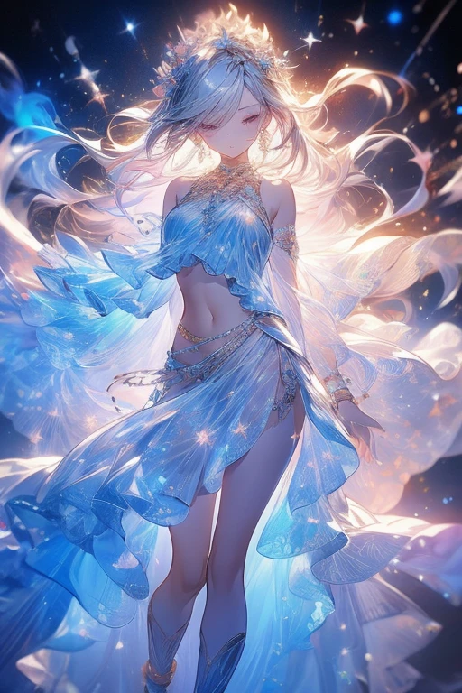 Outdoors, Full Moon, Galaxy, Bonfire
(Intense dancing:1.2)
(Floating hair, floating clothes, strong wind, :1.2)
(Close  eyes, smile, open your mouth:1.2)
arabian clothes,
Navel shoulder armpit thigh Under the chest,
(long loincloth)
(see-through shawl)
(see-through long scarf)
(wrap see-through cloth)
(See-through Wedding veil)
bracelets, earrings, anklets, bangles, circlets,(hair ornaments)
Accessories, bracelets, jewelry, gemstones, brooches, necklaces, anklet, tassel,
delicate beauty girl, (ars_old girl), silver hair, (gradation colored hair silver:1.6 pale blue:0.4), (extreme long hair), bang, french_braid, 
beautiful face,perfect face,highly detailed beautiful face and eyes,attractive face
Glossy skin,Smooth hair, shiny hair, clear skin
(line art:1.5),
(watercolor (medium):1.2), (skinny:1.2),(thin limbs),( hair over one eye),(small face),(ribs:0.8)