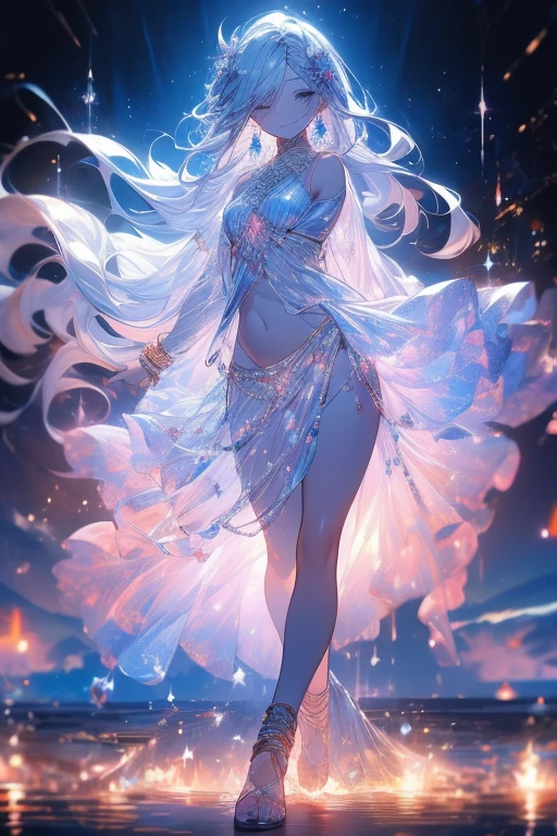 Outdoors, Full Moon, Galaxy, Bonfire
(Intense dancing:1.2)
(Floating hair, floating clothes, strong wind, :1.2)
(Close eyes, smile, open your mouth:1.2)
arabian clothes,
Navel shoulder armpit thigh Under the chest,
(long loincloth)
(see-through shawl)
(see-through long scarf)
(wrap see-through cloth)
(See-through Wedding veil)
bracelets, earrings, anklets, bangles, circlets,(hair ornaments)
Accessories, bracelets, jewelry, gemstones, brooches, necklaces, anklet, tassel,
delicate beauty girl, (16years_old girl), silver hair, (gradation colored hair silver:1.6 pale blue:0.4), (extreme long hair), bang, french_braid,
beautiful face,perfect face,highly detailed beautiful face and eyes,attractive face
Glossy skin,Smooth hair, shiny hair, clear skin
(line art:1.5),
(watercolor (medium):1.2), (skinny:1.2),(thin limbs),( hair over one eye),(small face),(ribs:0.8)