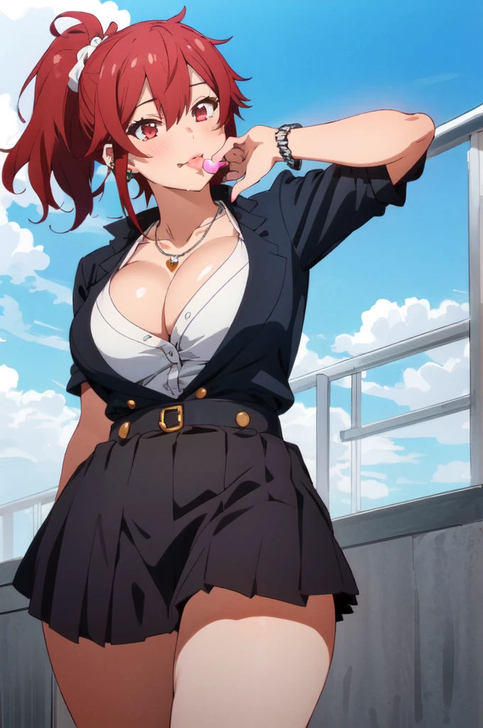 ((best quality)),((highly detailed)),masterpiece,absurdres,detailed face,beautiful face,(detailed eyes, deep eyes),1girl,  Tomo, , solo,  red eyes, short skirt , sky, day, cloud, pleated skirt, leopard print panty, outdoors, shirt button up cleavage, looking at viewer, open clothes, standing, white shirt unbotten cleavage, Gyaru, Big breast, tanned skin, Glossy lips, a lot of earpierce, Necklace,Bracelet, Half eyes expression, Smirk, feminim,1girl,Solo,Spouty mouth,Big hair,Heart shaped emotion,Seductive expression,flirty pose,Soft expression,Thick lips,colored Long nail,Stylish wavy hair,Celeb wavy hair,Tight tights,Plump,Curvy figure,top knot Ponytail,wavy ponytail,H cup,Gyaru rings,Gyaru accesories,Big bouncy breast,Curvy figure,1hand pop,Licking lolilewdly