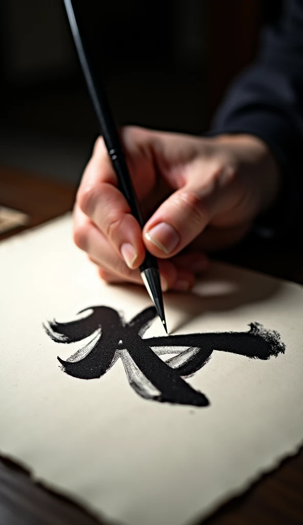 a close-up of the hand of a japanese calligrapher writing intricate japanese kanji characters with a brush, detailed brush strokes, calligrapher's hand, detailed texture of paper, dramatic lighting, cinematic composition, ink wash painting, high contrast, moody atmosphere, saturated colors, masterful brushwork, ancient japanese art
