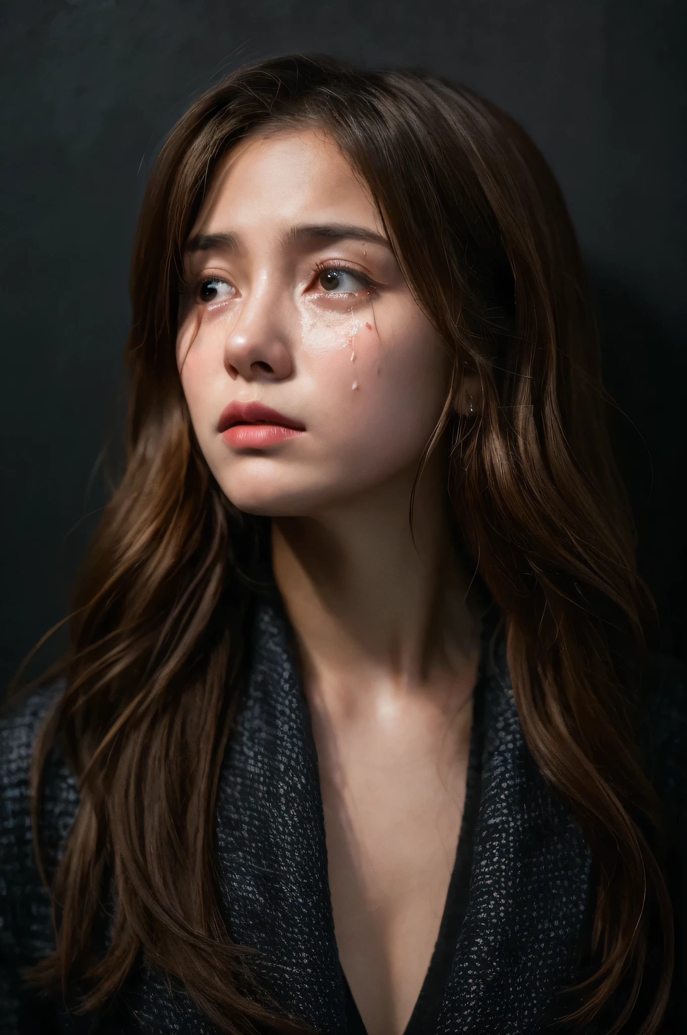 (Front Focus), (In the Dark:1.6), Hyperrealist Female Portrait by David Hockney and Alphonse Mucha, Fantasy art, Photo Real, Dynamic Lighting, Art Station, Poster, Volumetric lighting, Highly detailed face, 4k yen, Awards, One girl, In the Dark, Deep Shadow, Modest, Cowboy Shot, (Official attire:1.4), Long Hair, Brown Hair、Sad face、Sad expression、Are crying