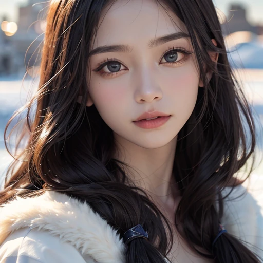 Hiding in the snowy mountains、Hair Flow、 ((Highest quality、masterpiece、8k、Best image quality、Ultra-high resolution、Award-winning works)、(Accurate anatomy:1.1)、(Look at me and smile:1.1)、Shining fair skin with Ultra-high resolution、The most detailed face、Ultra-high resolution detailed face、Ultra-high resolutionの髪の毛、(Ultra-high resolutionの煌めく瞳:1.1)、Beautiful face drawn in every detail、(Blurred Background:1.1)、Ancient Inuit clothing, Chest to chest, tattoo, Old ruins in the background、Apart from the real giant eagle
