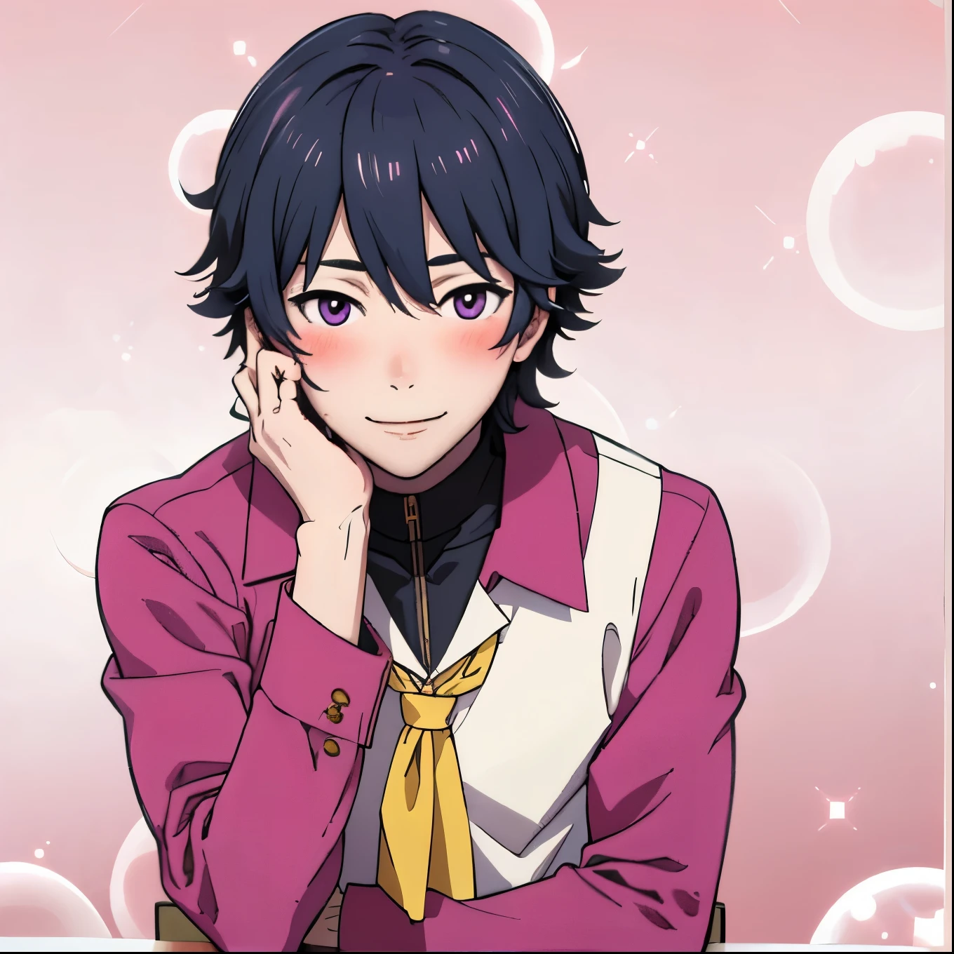 masterpiece, best quality, 1boy, smile, solo, looking at viewer, blush,pink background, bubble, sparkle,  Naoya, yellow school uniform, pants, hand on own face, purple eyes,