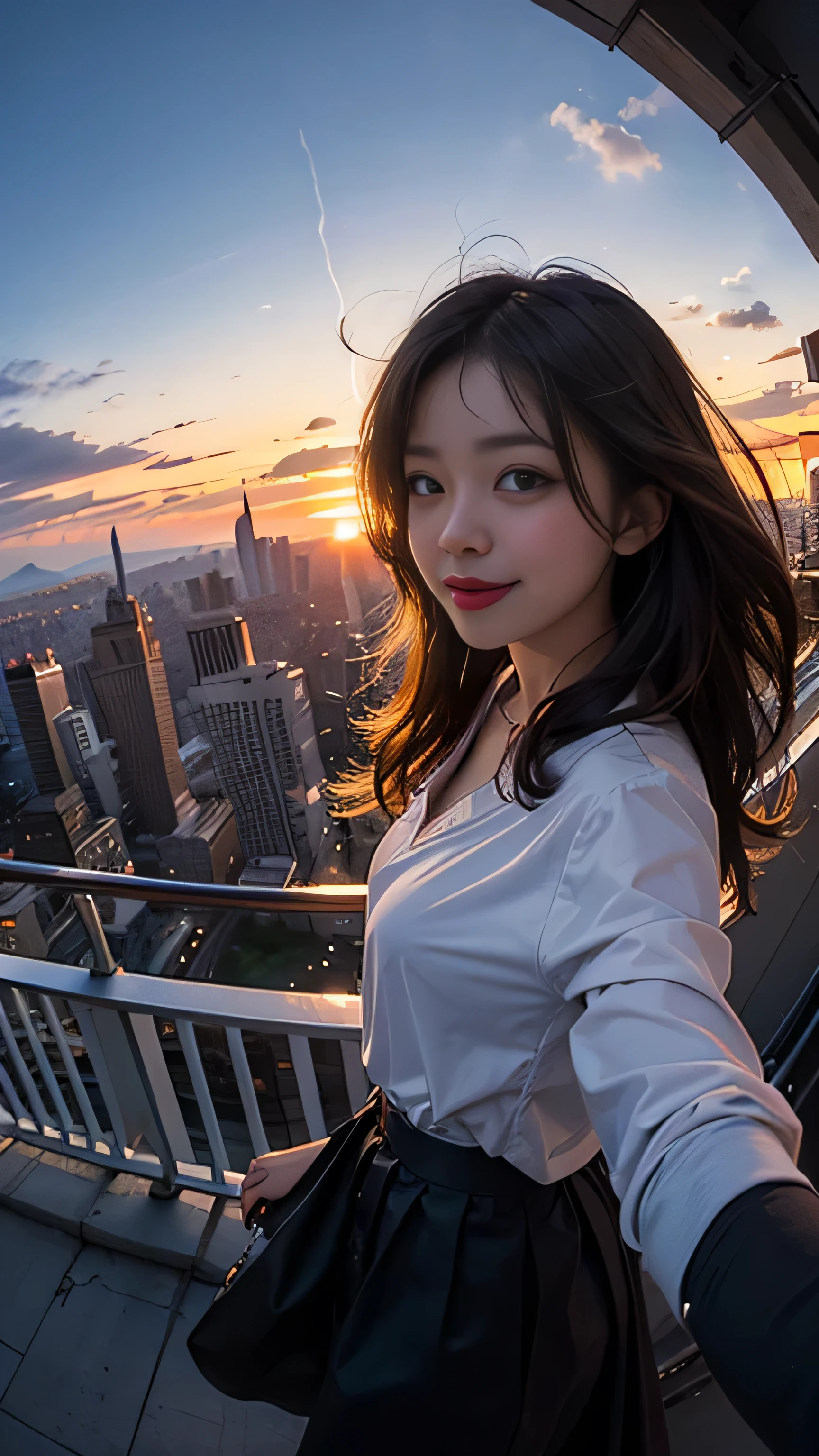 One girl, Korean, Fisheye Lens, Selfie, Wind, Messy Hair, sunset, Cityscape, (Aesthetics and atmosphere:1.2),smile