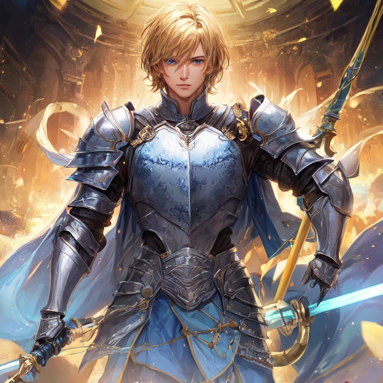 Handsome man with short golden hair and blue eyes in armor with a rapier