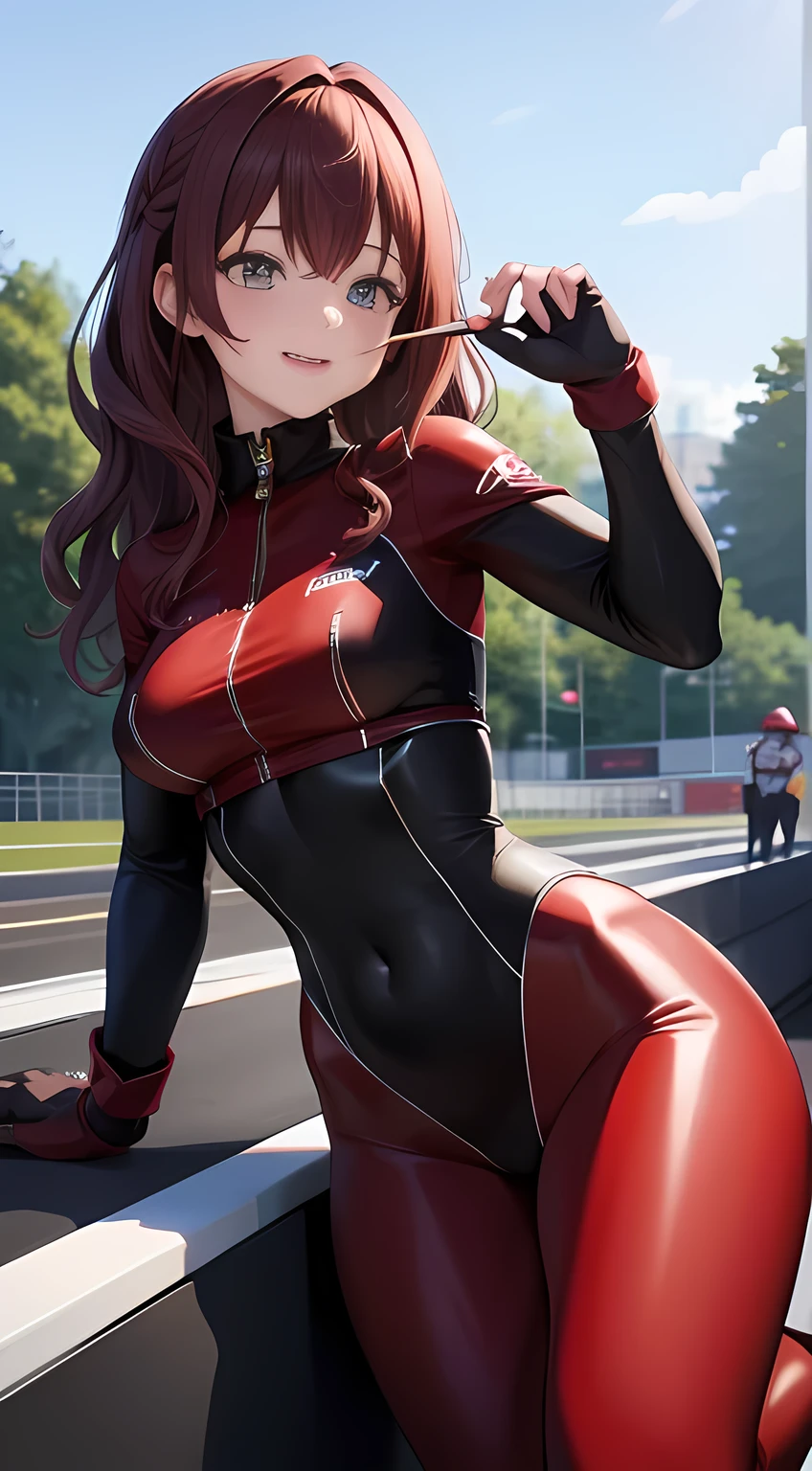 {8K Photo Quality:1.2}、{Ultra-high resolution photo quality:1.2}、{Super Real 1.2}、{Perfect limbs}、Tabletop、1 Female、alone、Red and black catsuit、Attend a race car show、Shyness、dynamic sexy pose、Laugh with your mouth wide open、Long Wavy Hair、Dark brown hair、Medium Large 