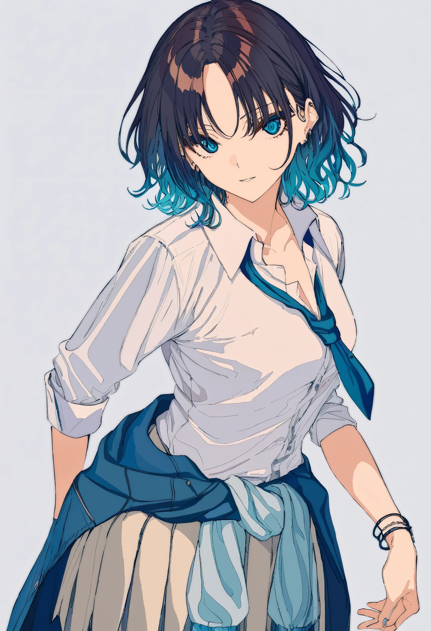 masterpiece, best quality, 1girl, solo, asakura toru, necktie, shirt, looking at viewer, multicolored hair, clothes around waist, short hair, skirt, jewelry, white shirt, blue hair, simple background, school uniform, jacket, pleated skirt, earrings, white background, bracelet, bangs, black hair, blue eyes, jacket around waist, parted bangs, loose necktie, ear piercing, collared shirt, gradient hair, blue jacket