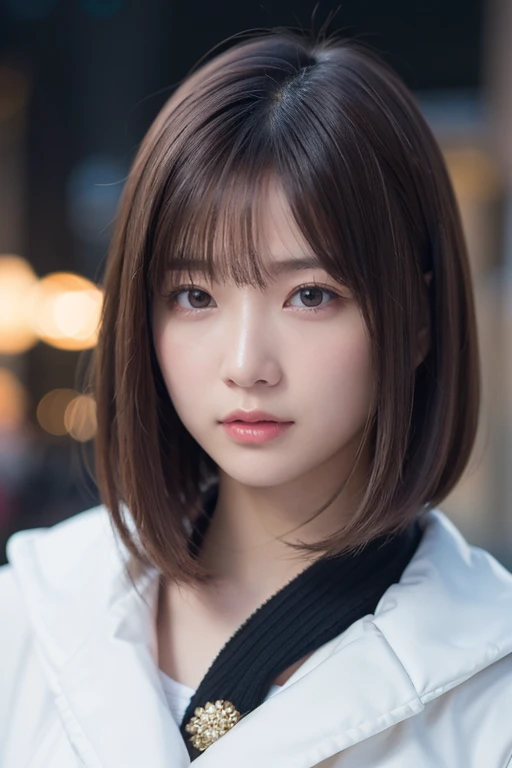 masterpiece、Highest quality、High resolution、Japanese women、(RAW Photos, Highest quality), (reality, Realistic:1.4) Tabletop、reality的、Stereoscopic lighting、Professional Lighting、Face Light、Smooth lighting、sexy、Sunburned skin、very detailed eyes and face, Beautiful and detailed nose, beautiful eyes, Perfect Anatomy、Bobcut、Brunette Hair、Iris、Gazing silently at the falling snow. Christmas streetscape、Cute muffler、Winter coordination
