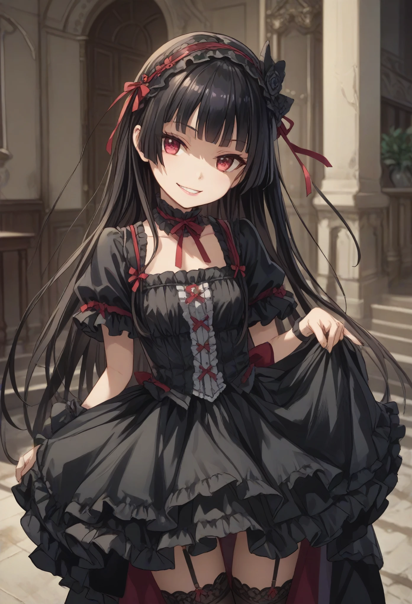 young girl, teenager, rory_mercury, fashion, gothic, black thighhighs, garter straps, dress  face, , (slightly closed eye:1.1) slight smile, sharp chin, detailed, detailed face, natural skin, 4k, 