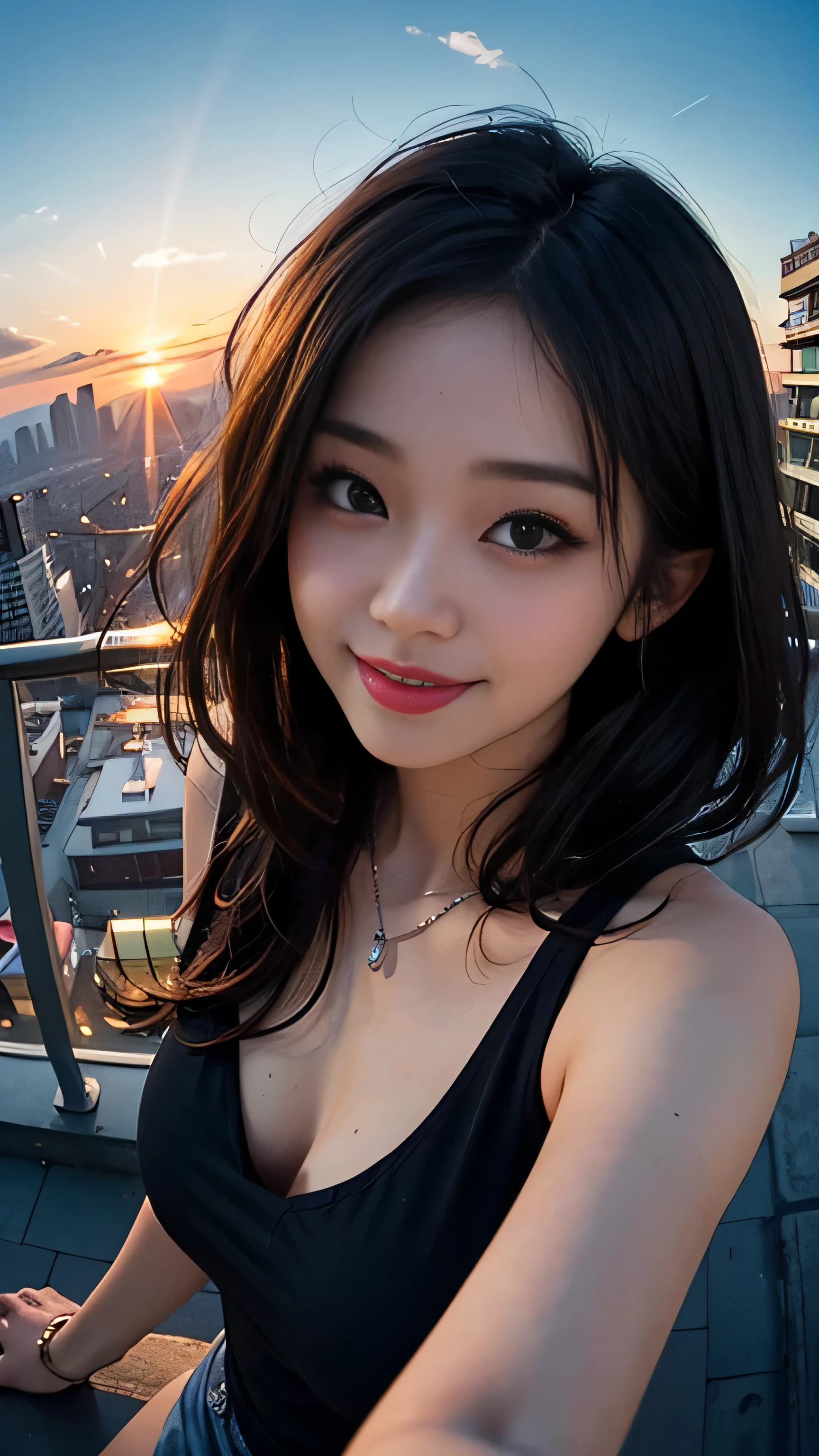 One girl, Korean, Fisheye Lens, Selfie, Wind, Messy Hair, sunset, Cityscape, (Aesthetics and atmosphere:1.2),smile