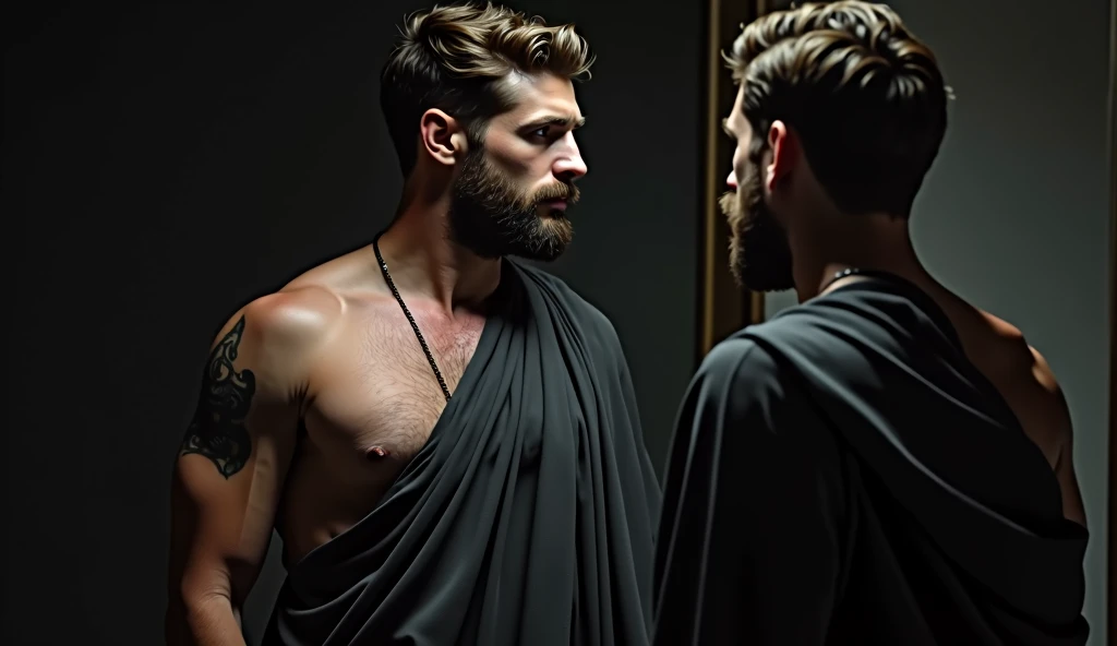 A male stoic philosopher with a well-proportioned and attractive physique, not excessively muscular. He is wearing dark classic tunics, slightly transparent, that gently drape over his body, subtly revealing parts of his shoulder, with a very short and well-groomed beard, and wavy, well-stylized hair. His expression is contemplative and resolute, as if he is staring at his own reflection in a mirror, confronting uncomfortable truths about himself. Dramatic lighting casts long, deep shadows, obscuring details and adding to the mystery. Focus on a close-up or medium shot, capturing the moment of self-reflection and the texture of the fabric. Apply a strong vignette and a touch of grain for a dramatic, timeless effect.