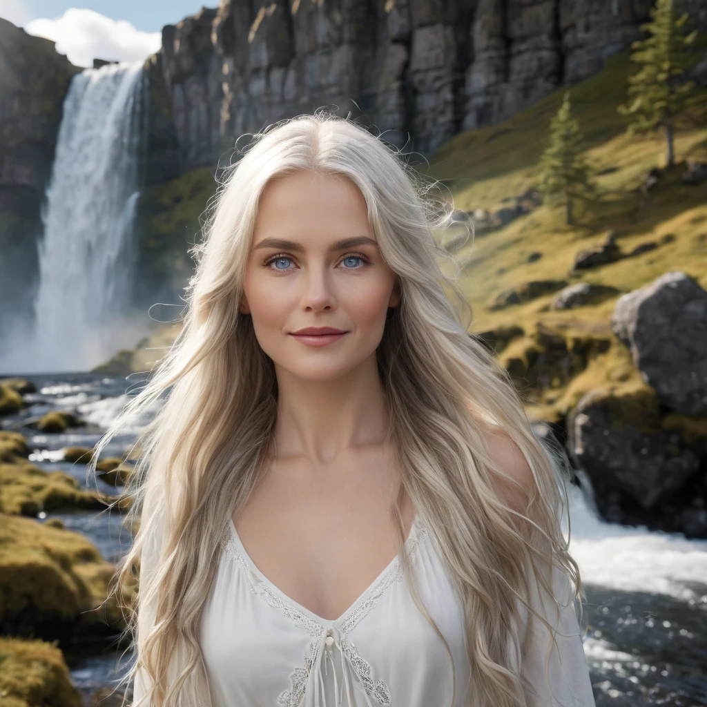 A beautiful Iceland waterfall, with a gorgeous long haired silver blonde shiny hair 48 years old, she is wearing a small white fur around her neck, standing close to a waterfall, it's a sunny day with wisps of white fluffy clouds in the sky, snowy mountains and pine forests, she has grey eyes and a sensual smile, her skin is pale, (photorealistic:1.4)(Ultra high resolution: 1.2), (reality: 1.2), (8K: 1.2), (detail, ultra high) like a scene from ancient times, Mystical, beautiful ambient lighting, intricate, realistic, studio quality, Captivating, Professional Studio Lighting, Expertly lit, The scene is filled with a sense of tranquility, magic, and natural beauty, transporting the viewer to a world of fantasy and wonder (best quality, high resolution)