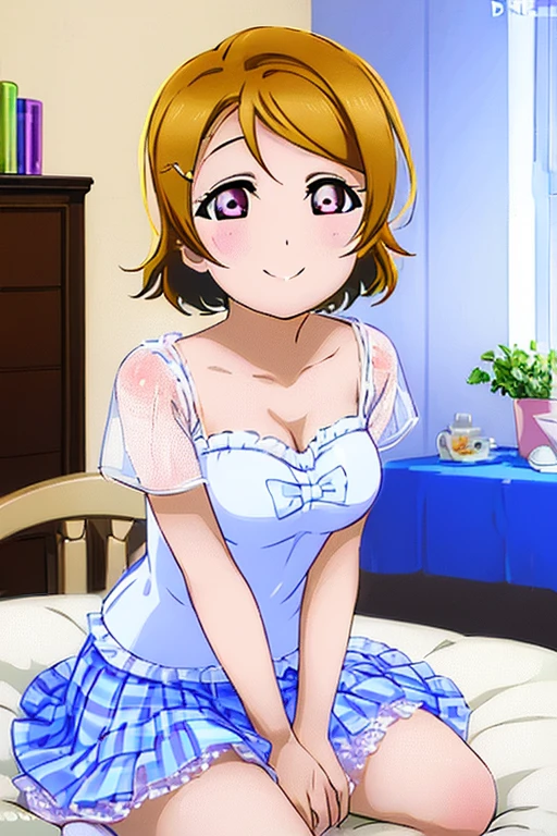 (((Pixel Perfect、Perfect in every detail))), Alone、One Girl、Otonokizaka Academy、 Bedroom、Watch Viewers、night、Bedroom、smile、cute、White bra、White panties、Hanayo Koizumi、Big Breasts