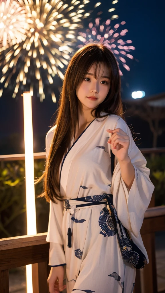 high resolution、Japanese women、Beauty、cute、Brown long hair hairstyle、Small face、Beautiful skin、Reality Stick、night、Fireworks、outside、Sexy pose、Sexy look、The yukata is long-sleeved and closed in the front、The yukata is not open in the front