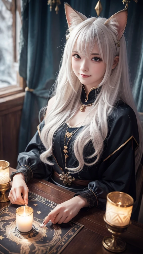 
(masterpiece, highest quality, highest quality, official art, beautiful and aesthetic: 1.2), (one girl: 1.3), wavy long hair, white hair, Cat ears on the head,highly detailed portrait, highly detailed hands, looking at the viewer, alone, (whole body: 0.6), detailed background, close, shining eyes, (cold arctic winter theme: 1.1), fortune teller, Charlatan, grin, Mysterious, sitting at the table, カラフルな肩のないゆるいジプシーfortune tellerの服, holy grail, tarot cards, Crystal jade, Medieval (inner tent: 1.1) background, tent curtain on background, dark Mysterious lighting, Shadow, magical atmosphere, starry night, dutch angle, healing and guidance, transcendental beauty, fractal art, Seaweed,