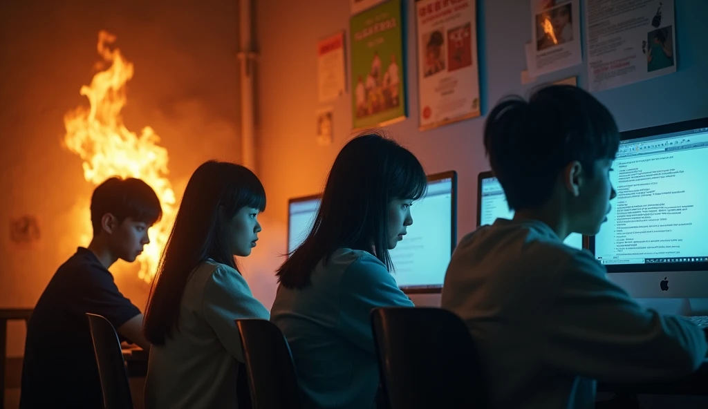 Five young Japanese people are furious at their computers.、The background is burning
