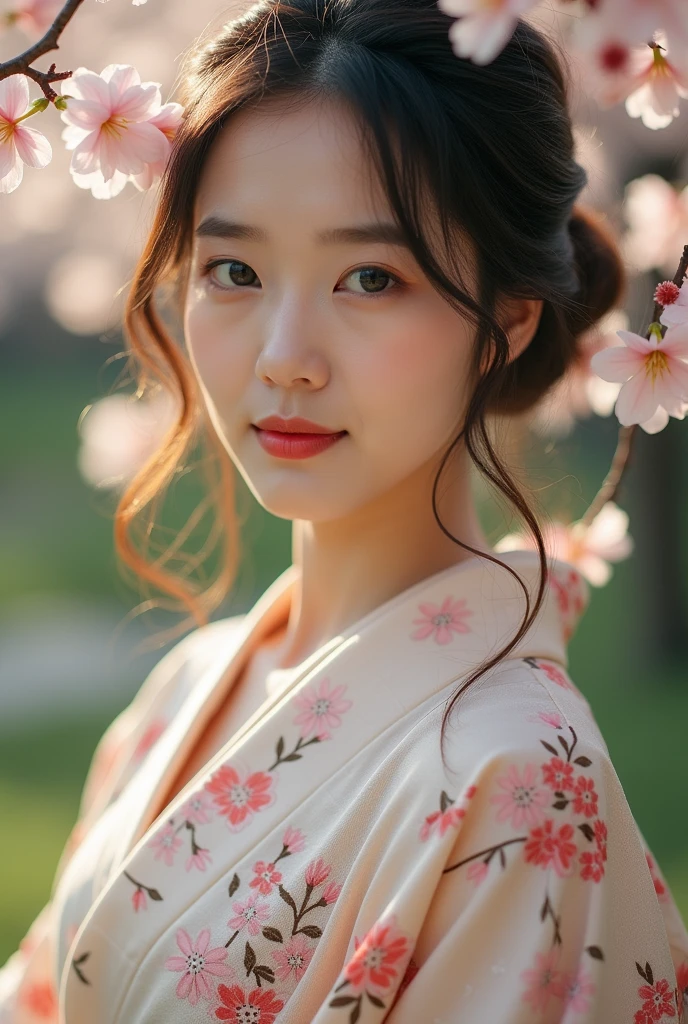 An elegantly dressed Japanese woman in natural light、A close-up of her chest and calm expression.、It shows her inner peace and outer charm.。