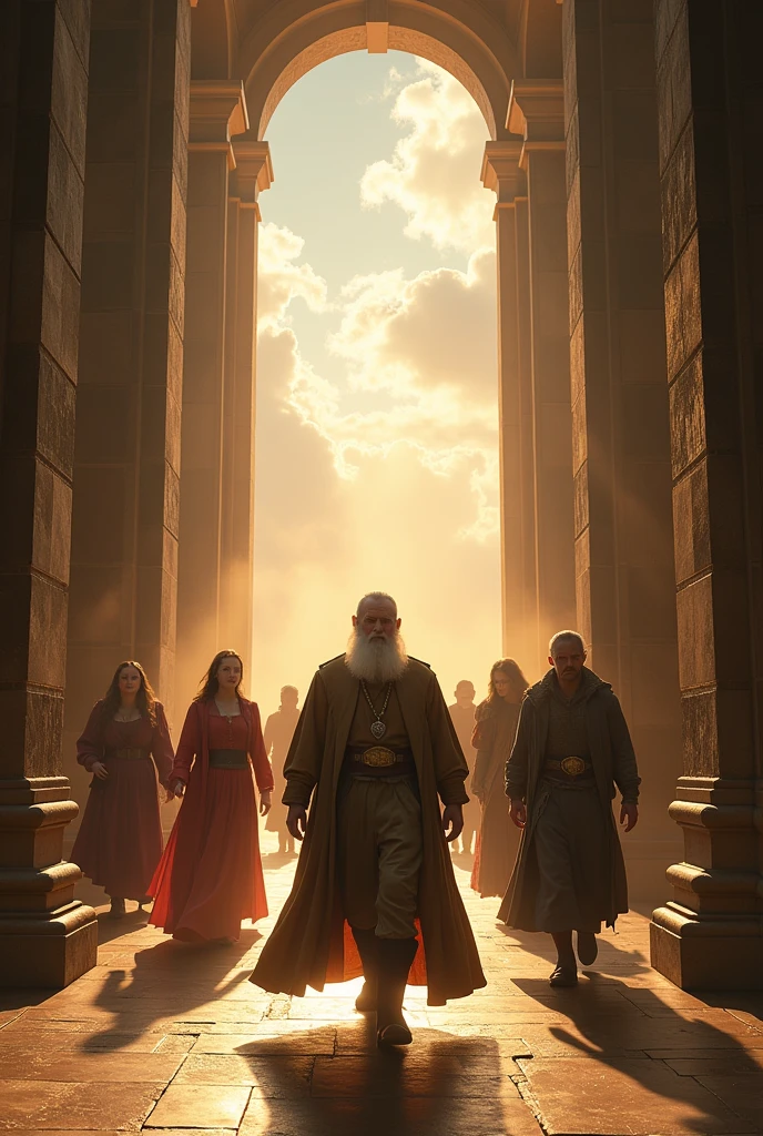 Create an image of a wide hallway that ends at a point in the image in perspective. On the sides of those walls there are large doors from which people come out with clothing from the year 1600, you can see men and women.
everyone walks towards the one who sees the picture.
The gates have tall stone pillars.
It must have a heavenly tone.
In the picture there should be men and women and a druid with a white beard and short hair among them.
I see them all coming towards me, looking at me.