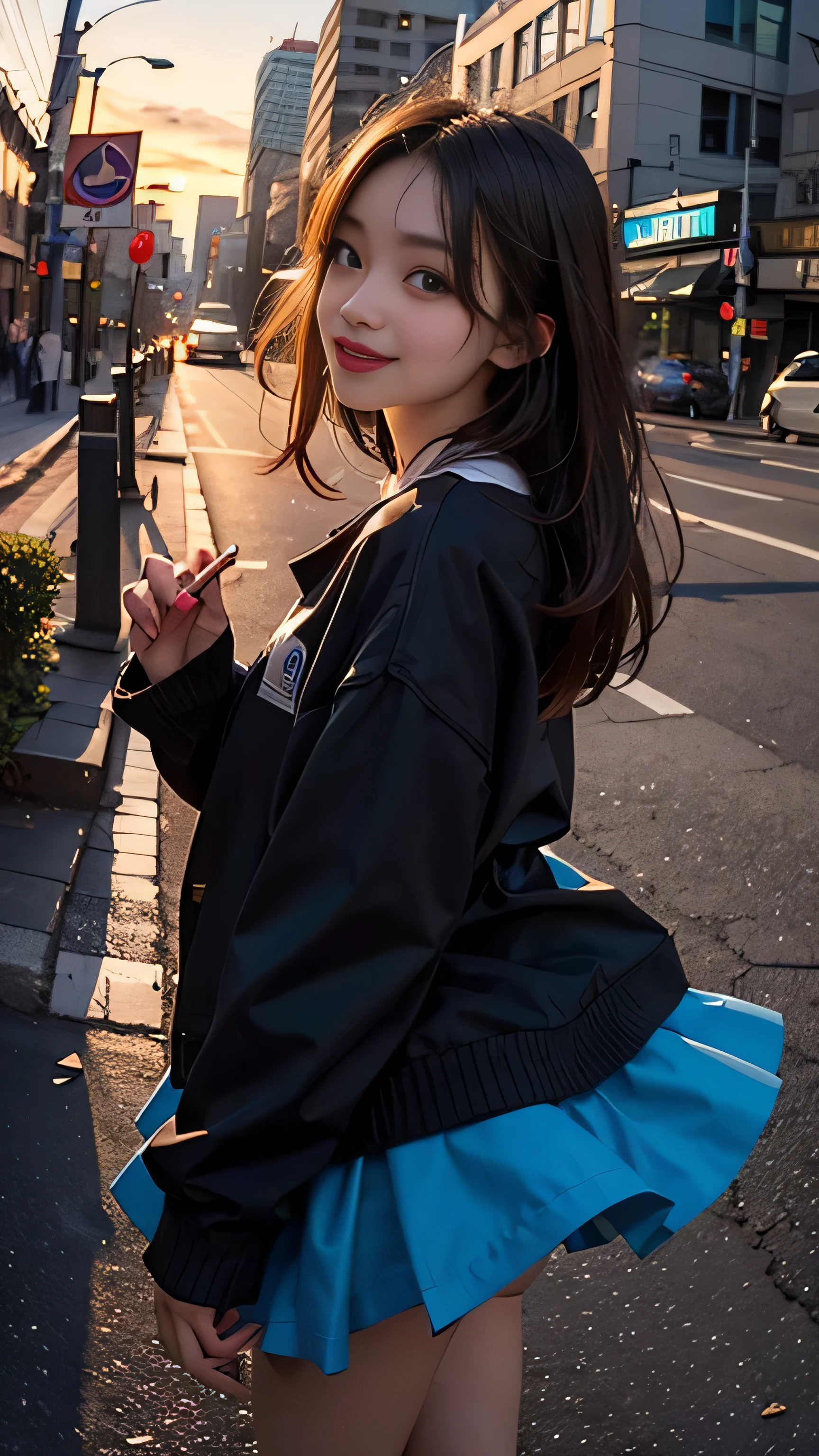 One girl, Korean, Fisheye Lens, Selfie, Wind, Messy Hair, sunset, Cityscape, (Aesthetics and atmosphere:1.2),smile