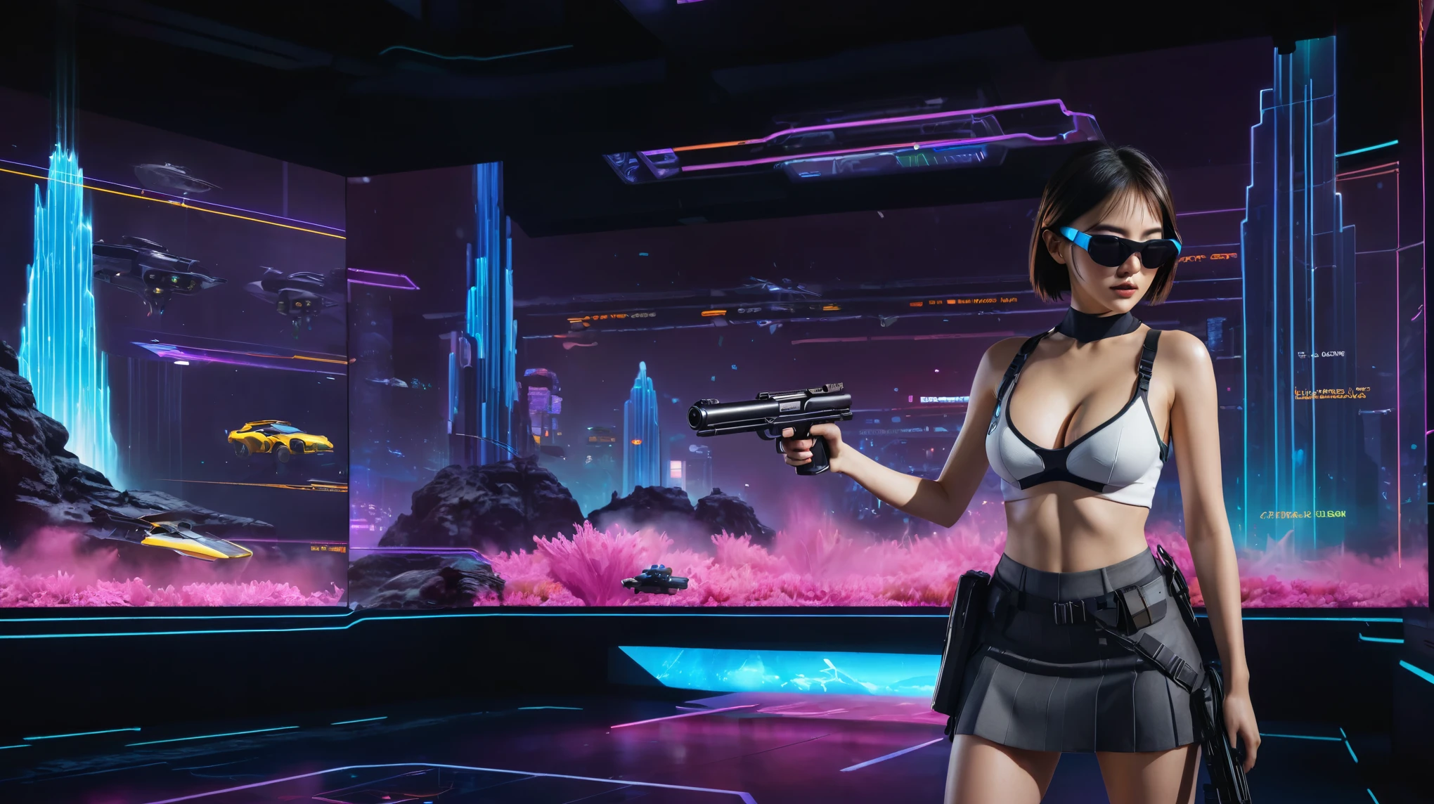 A futuristic sci-fi virtual battle field of war game, shooting range with moving targets, flying vehicle, neon waterfalls. High-resolution OLED GUI interfaces in the building, The windows are filled with transparent data visualization infographics that show it all, from weather patterns to traffic flow, Matrix cascading code. Colors are saturated and vibrant. At night, (1girl, solo), photo realistic, medium-breast:1.3 slim body, cleavage, sling top, miniskirt, (mini VR sunglasses, holding a short gun), half-body thigh level medium shot, cinematic lighting, ray tracing.