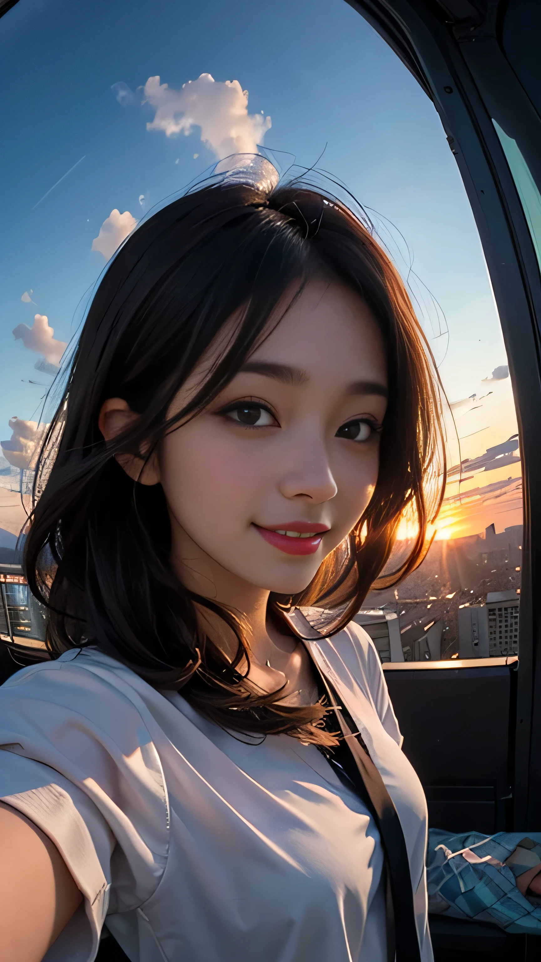 One girl, Korean, Fisheye Lens, Selfie, Wind, Messy Hair, sunset, Cityscape, (Aesthetics and atmosphere:1.2),smile