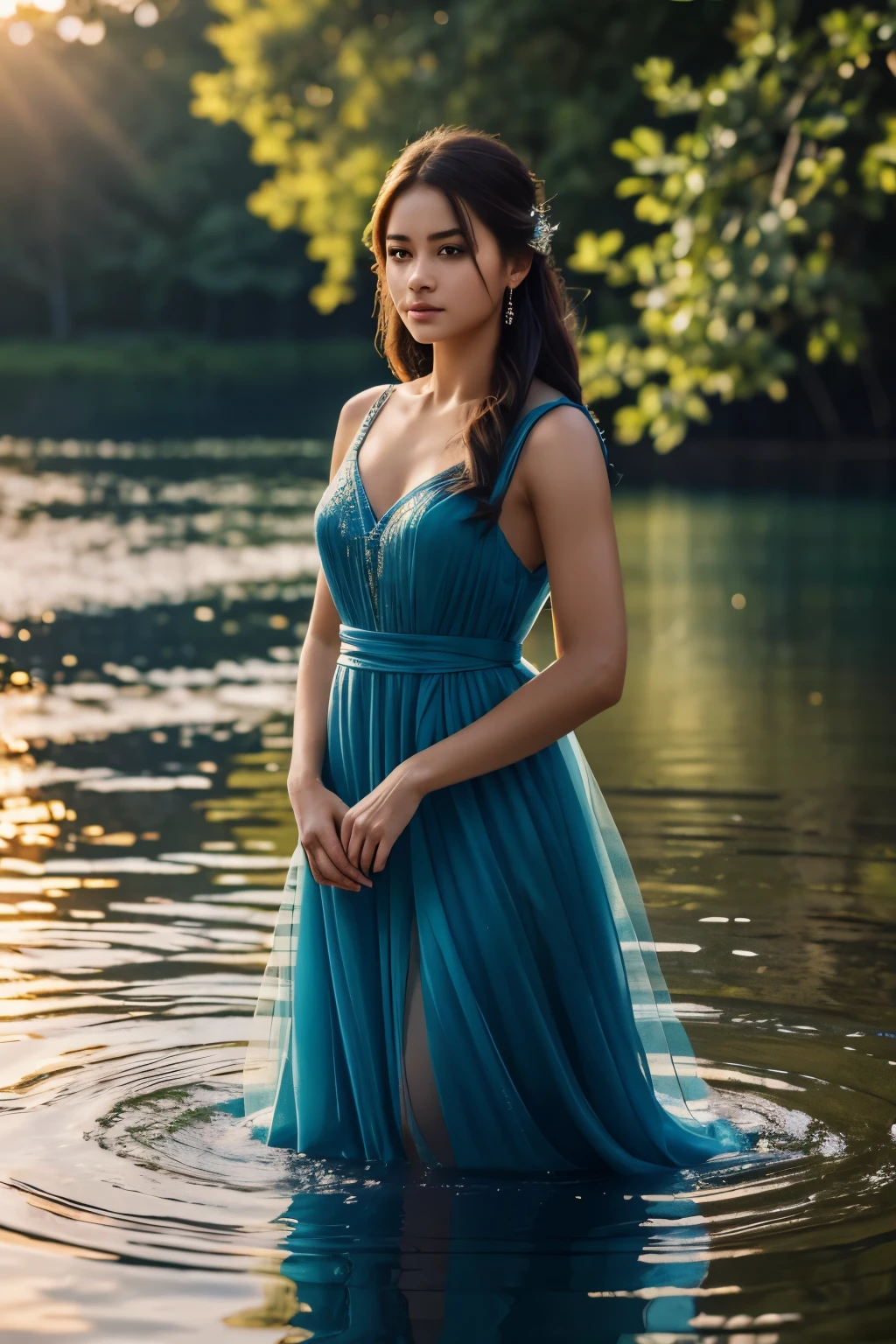 a beautiful young girl standing on the water, long flowing dress, ethereal, serene expression, sun glimmering on the water, detailed facial features, dramatic lighting, fantasy landscape, moody colors, cinematic, (best quality,4k,8k,highres,masterpiece:1.2),ultra-detailed,(realistic,photorealistic,photo-realistic:1.37),HDR,UHD,studio lighting,ultra-fine painting,sharp focus,physically-based rendering,extreme detail description,professional,vivid colors,bokeh