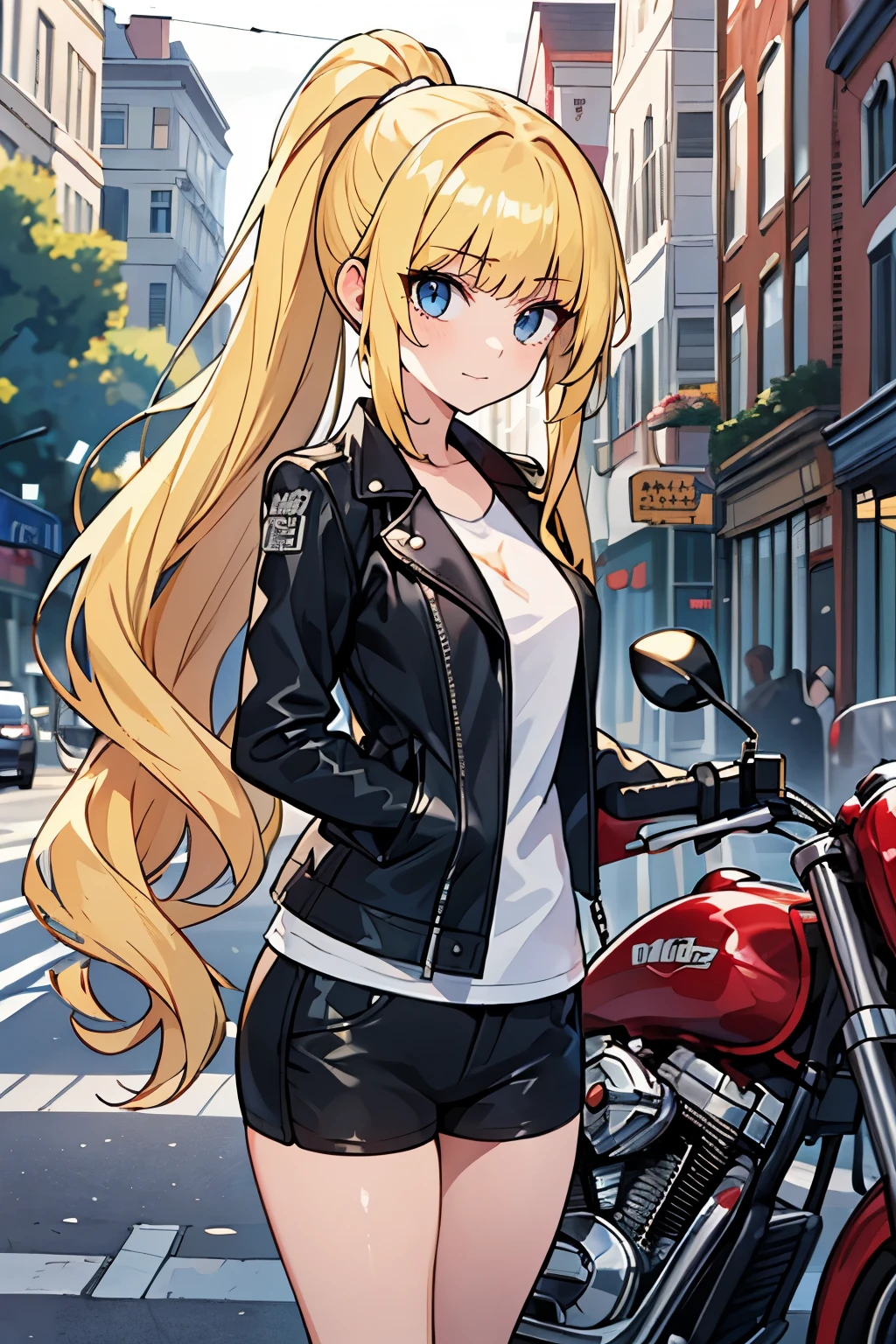 solo girl, (young female body:1.4), ( medium small breasts), knee length hair, yellow long hair, ponytail, voluminous wavy very long yellow hair, extra long yellow hair, hime cut, light blue eyes, cowboy shot, standing in the street, street lights and motorcycle, modern town, street car, biker chick, biker clothing, leather jacket,