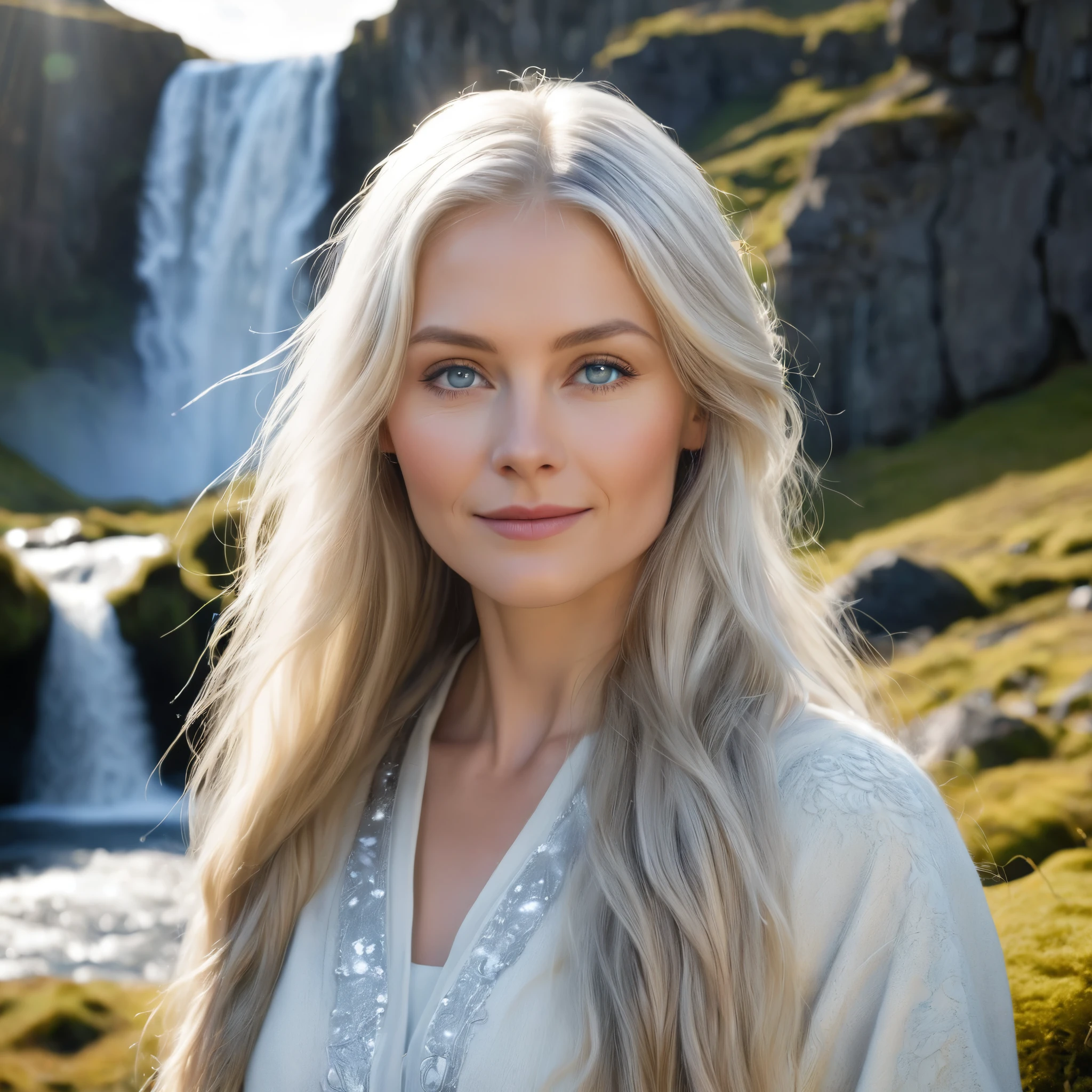 A beautiful Iceland waterfall, with a gorgeous long haired silver blonde shiny hair 48 years old, she is wearing a small white fur around her neck, standing close to a waterfall, it's a sunny day with wisps of white fluffy clouds in the sky, snowy mountains and pine forests, she has grey eyes and a sensual smile, her skin is pale, (photorealistic:1.4)(Ultra high resolution: 1.2), (reality: 1.2), (8K: 1.2), (detail, ultra high) like a scene from ancient times, Mystical, beautiful ambient lighting, intricate, realistic, studio quality, Captivating, Professional Studio Lighting, Expertly lit, The scene is filled with a sense of tranquility, magic, and natural beauty, transporting the viewer to a world of fantasy and wonder (best quality, high resolution)