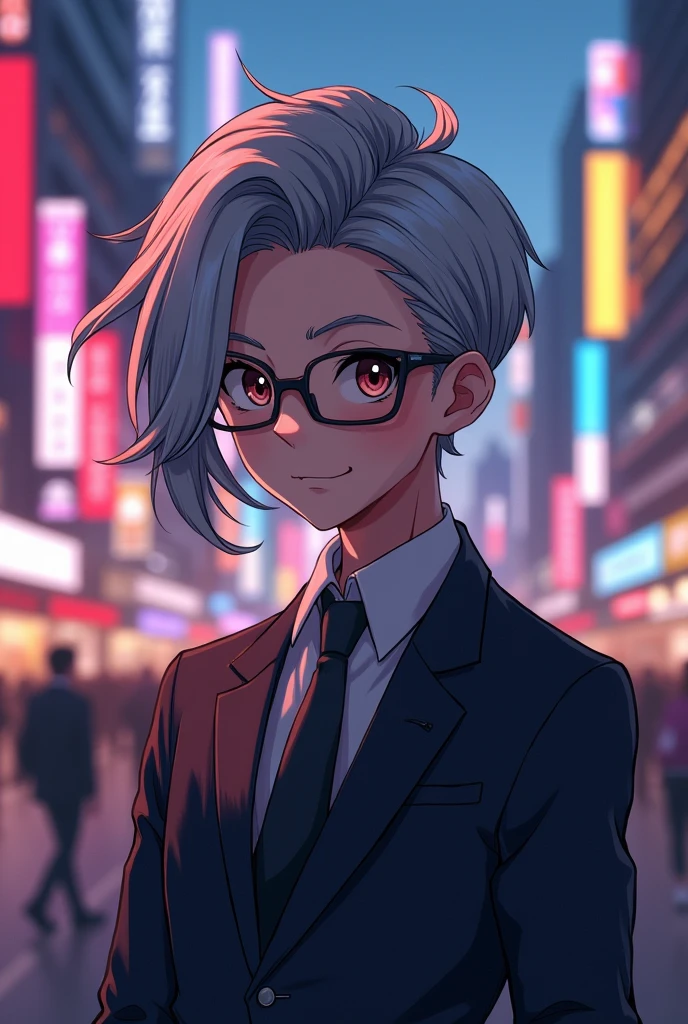 Man
Anime
Wearing glasses
Gray hair
Baby face
Wearing a suit
